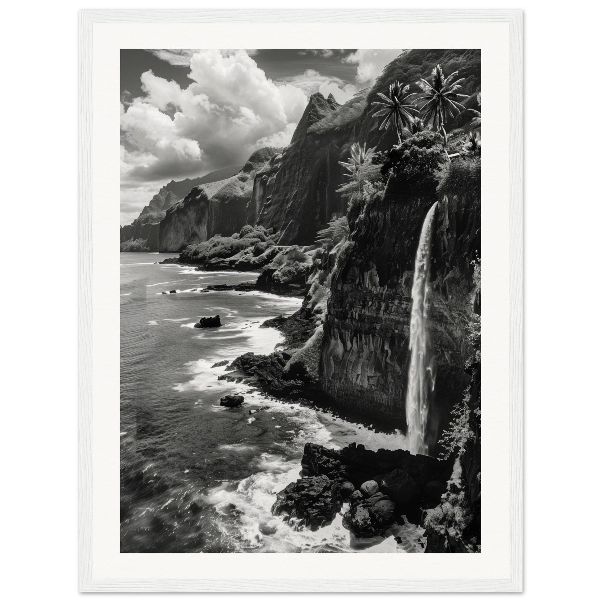 Poster Île de la Réunion Noir et Blanc ( 45x60-cm-Bois-blanc)