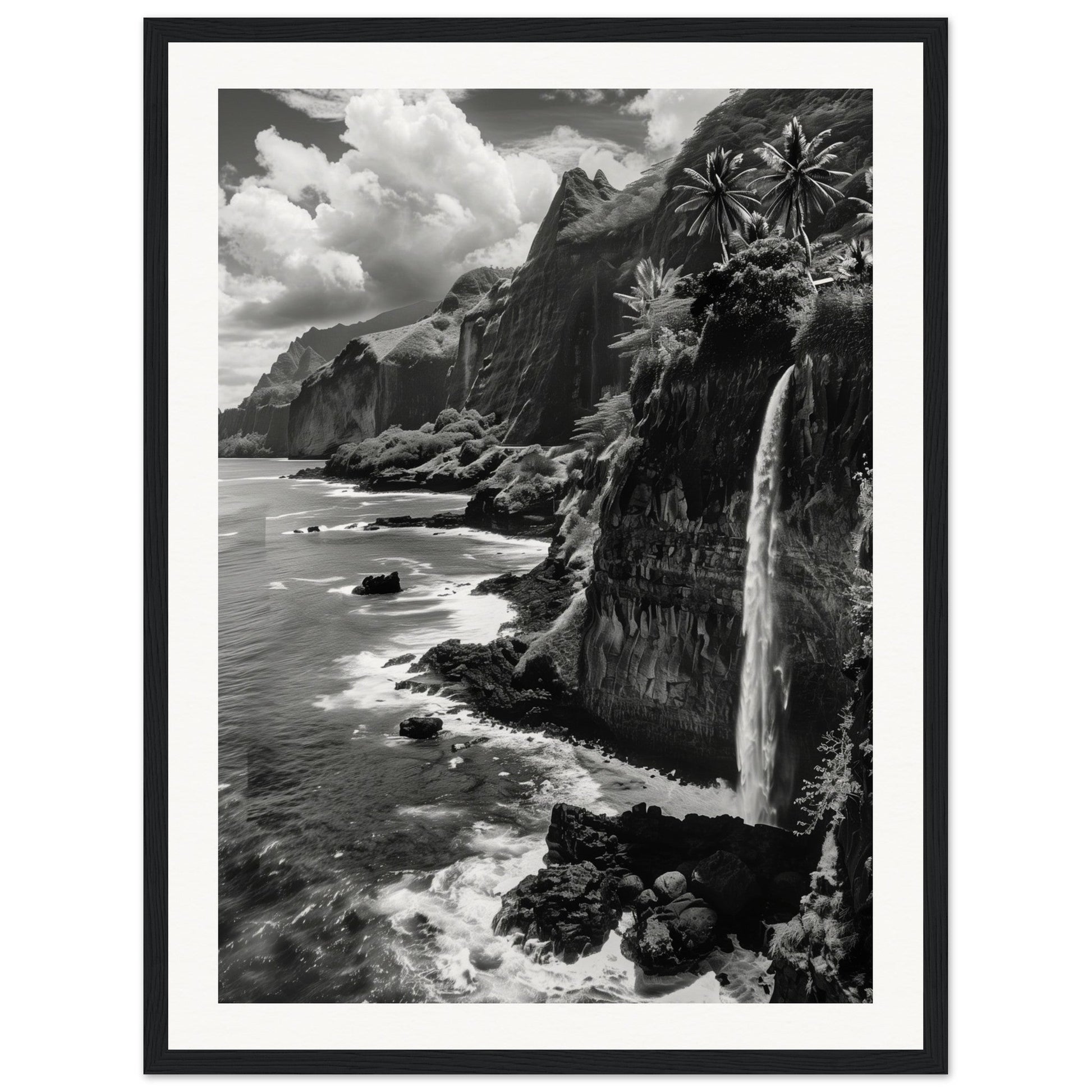 Poster Île de la Réunion Noir et Blanc ( 45x60-cm-Bois-noir)