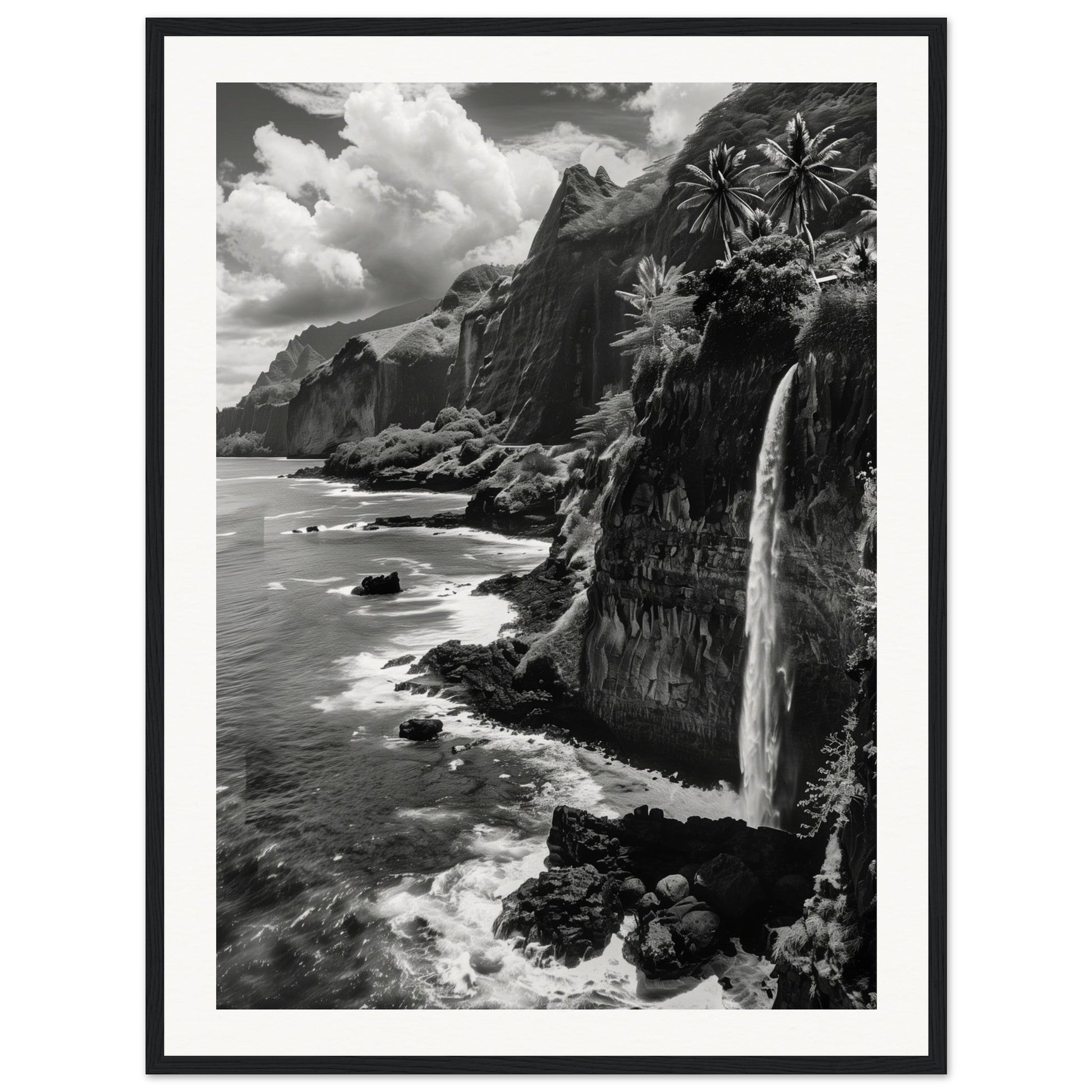 Poster Île de la Réunion Noir et Blanc ( 60x80-cm-Bois-noir)