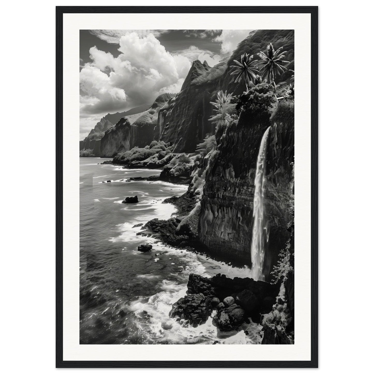 Poster Île de la Réunion Noir et Blanc ( 50x70-cm-Bois-noir)