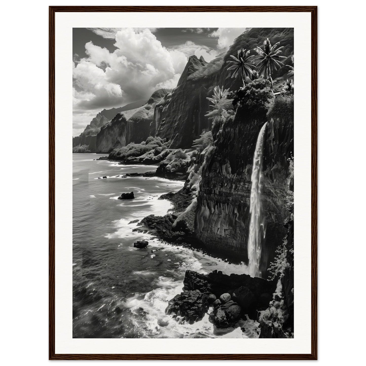 Poster Île de la Réunion Noir et Blanc ( 60x80-cm-Bois-foncé)