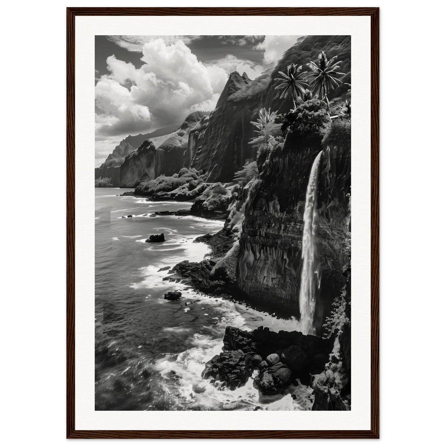 Poster Île de la Réunion Noir et Blanc ( 50x70-cm-Bois-foncé)