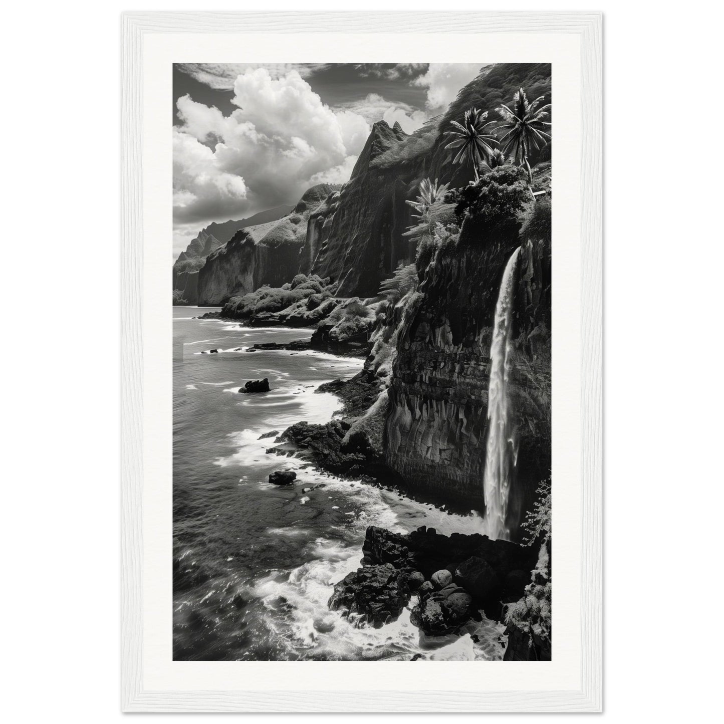 Poster Île de la Réunion Noir et Blanc ( 30x45-cm-Bois-blanc)