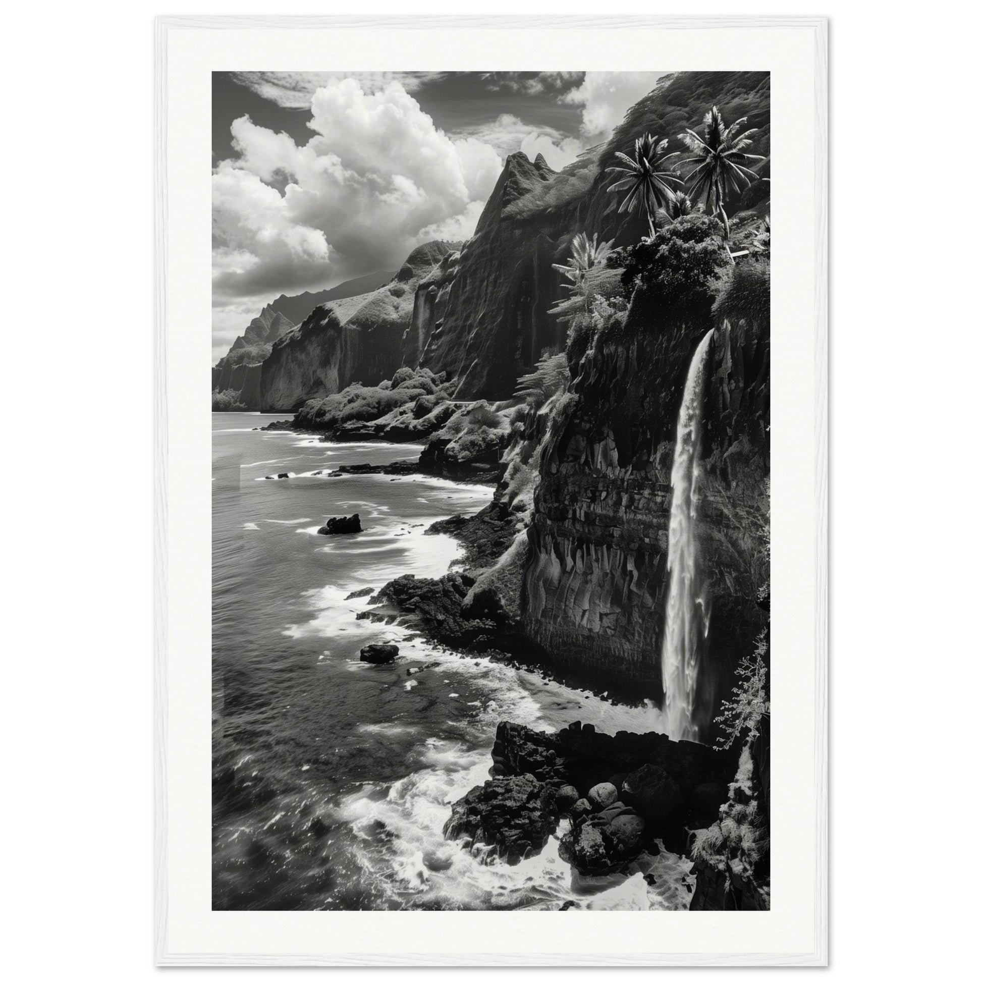 Poster Île de la Réunion Noir et Blanc ( 70x100-cm-Bois-blanc)