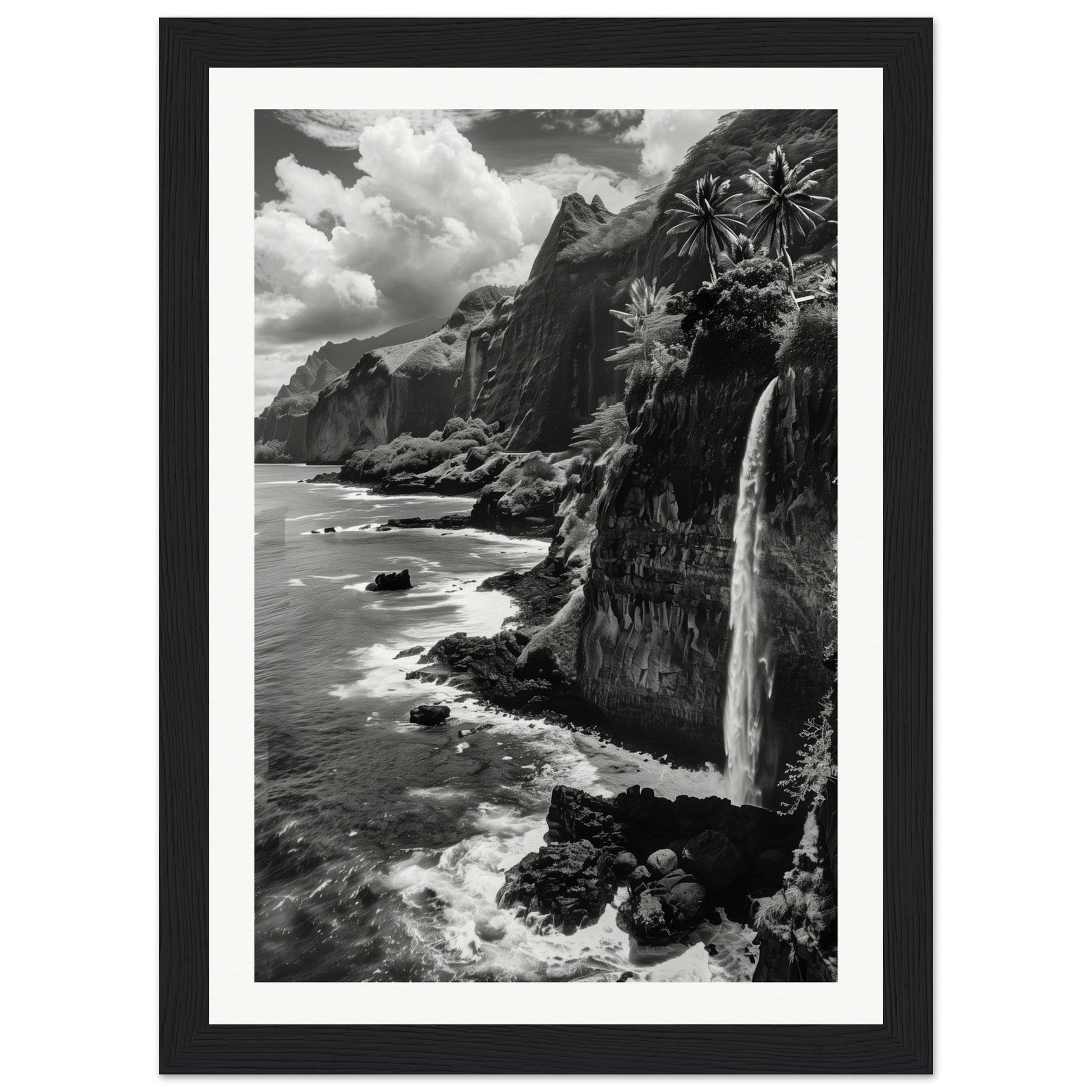 Poster Île de la Réunion Noir et Blanc ( 21x29.7-cm-Bois-noir)