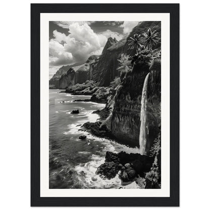 Poster Île de la Réunion Noir et Blanc ( 21x29.7-cm-Bois-noir)