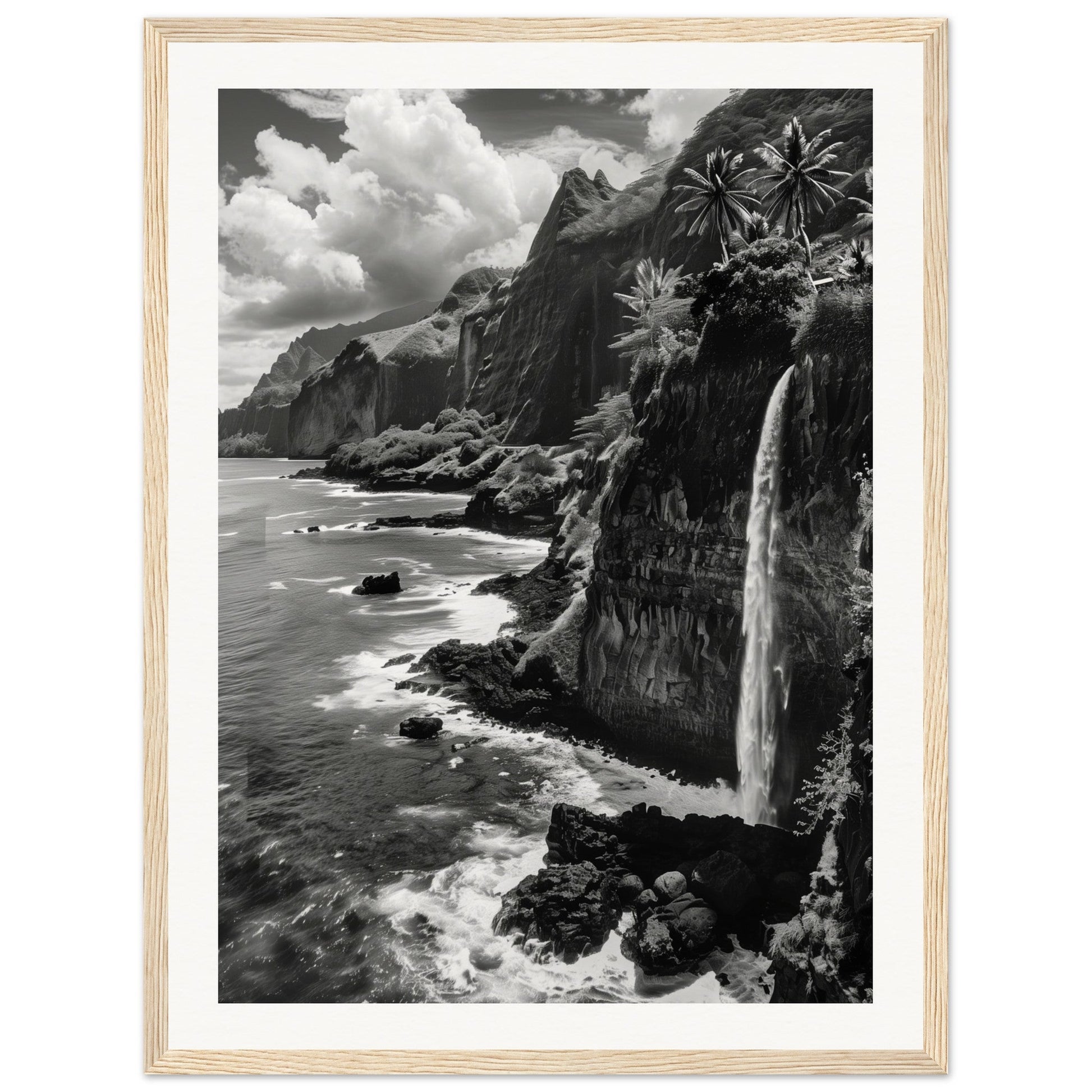 Poster Île de la Réunion Noir et Blanc ( 45x60-cm-Bois-clair)