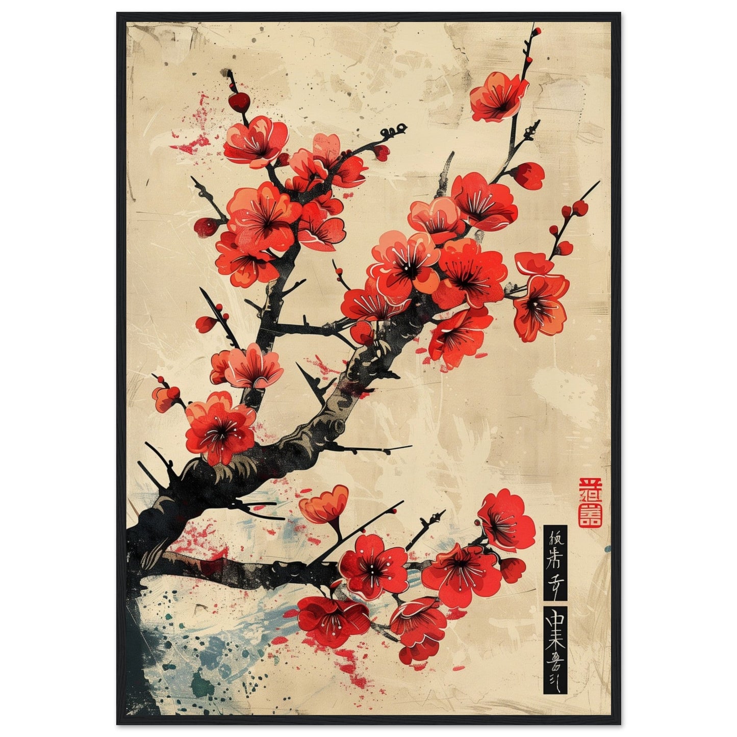 Poster Japonais Cerisier en Fleurs ( 70x100-cm-Bois-noir)