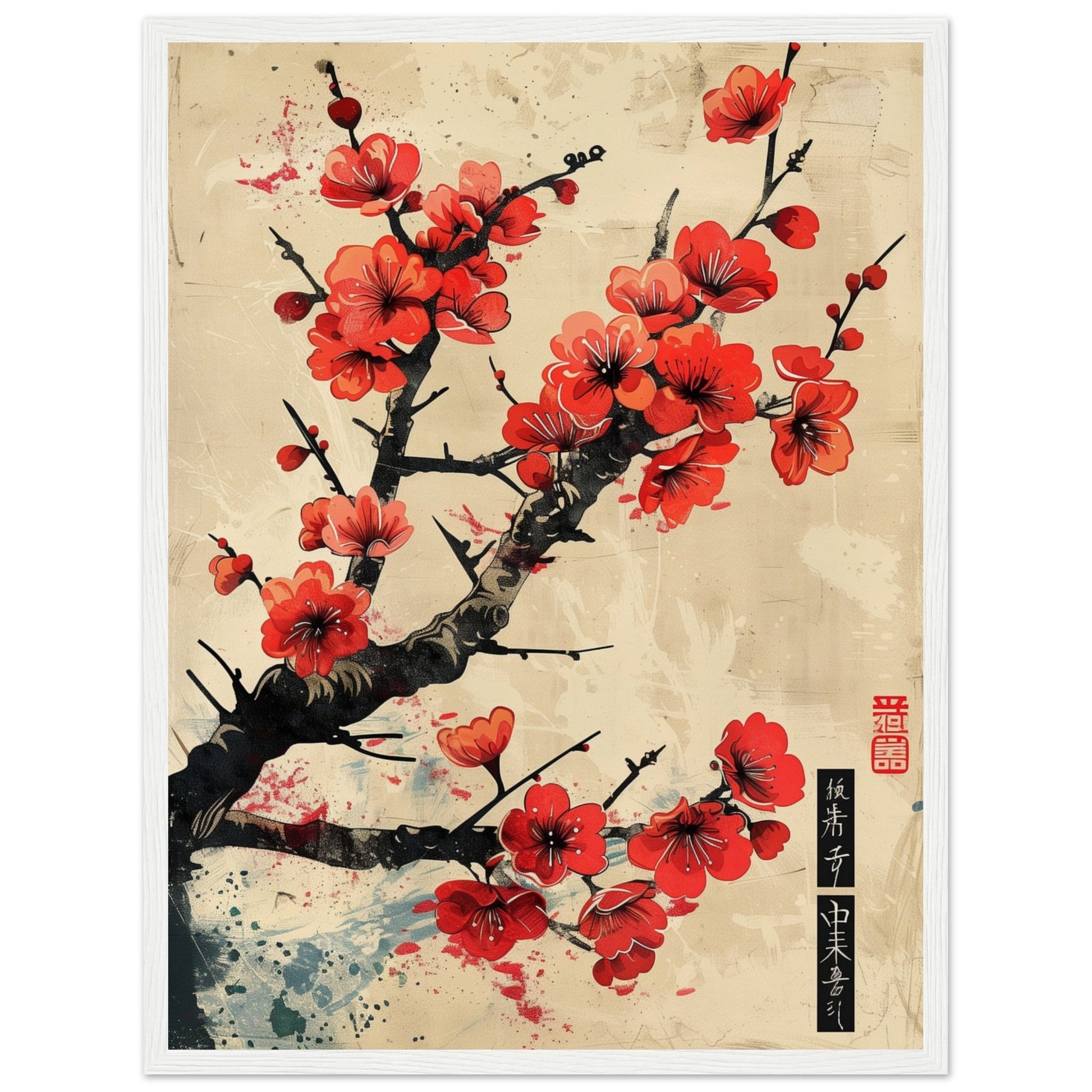 Poster Japonais Cerisier en Fleurs ( 45x60-cm-Bois-blanc)