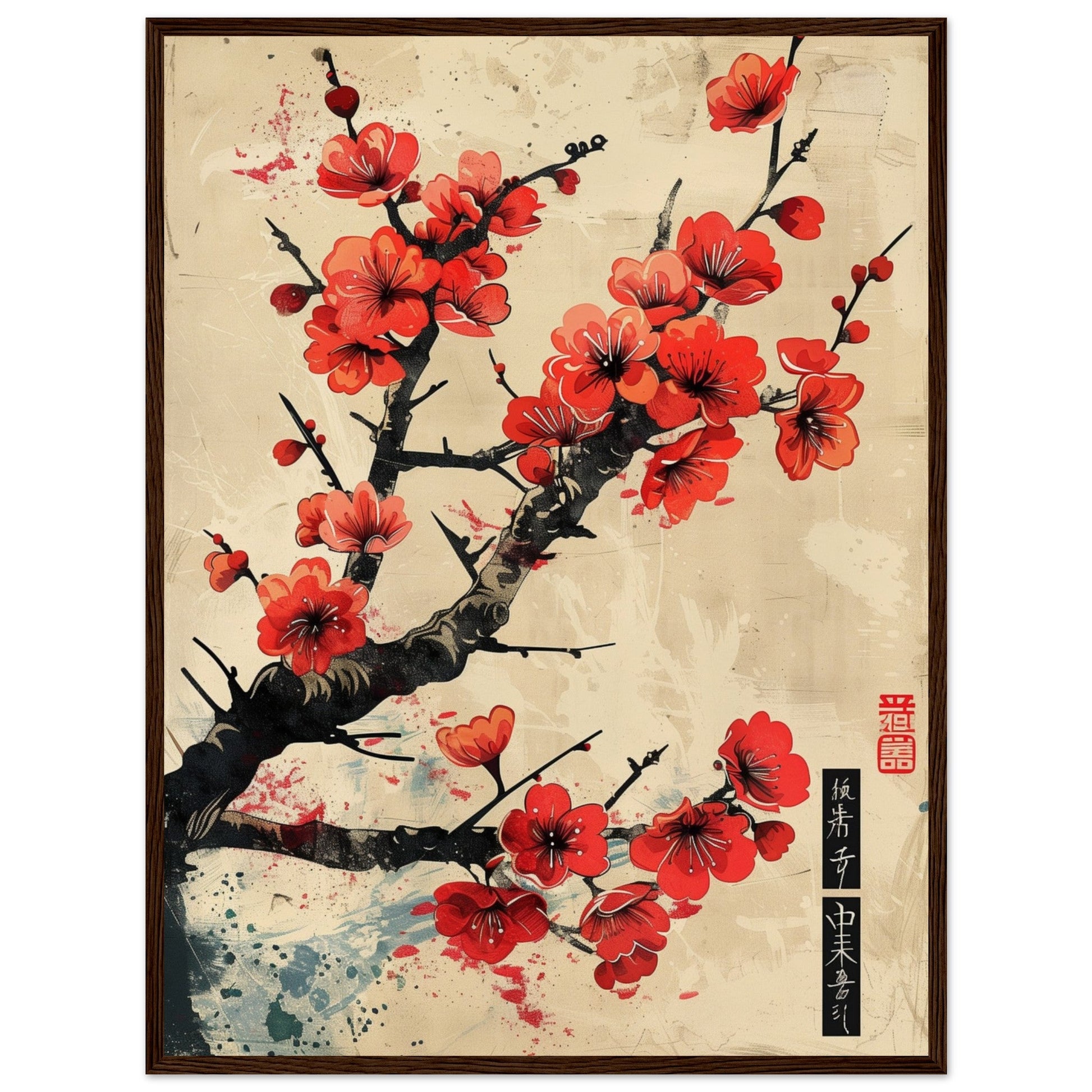 Poster Japonais Cerisier en Fleurs ( 60x80-cm-Bois-foncé)