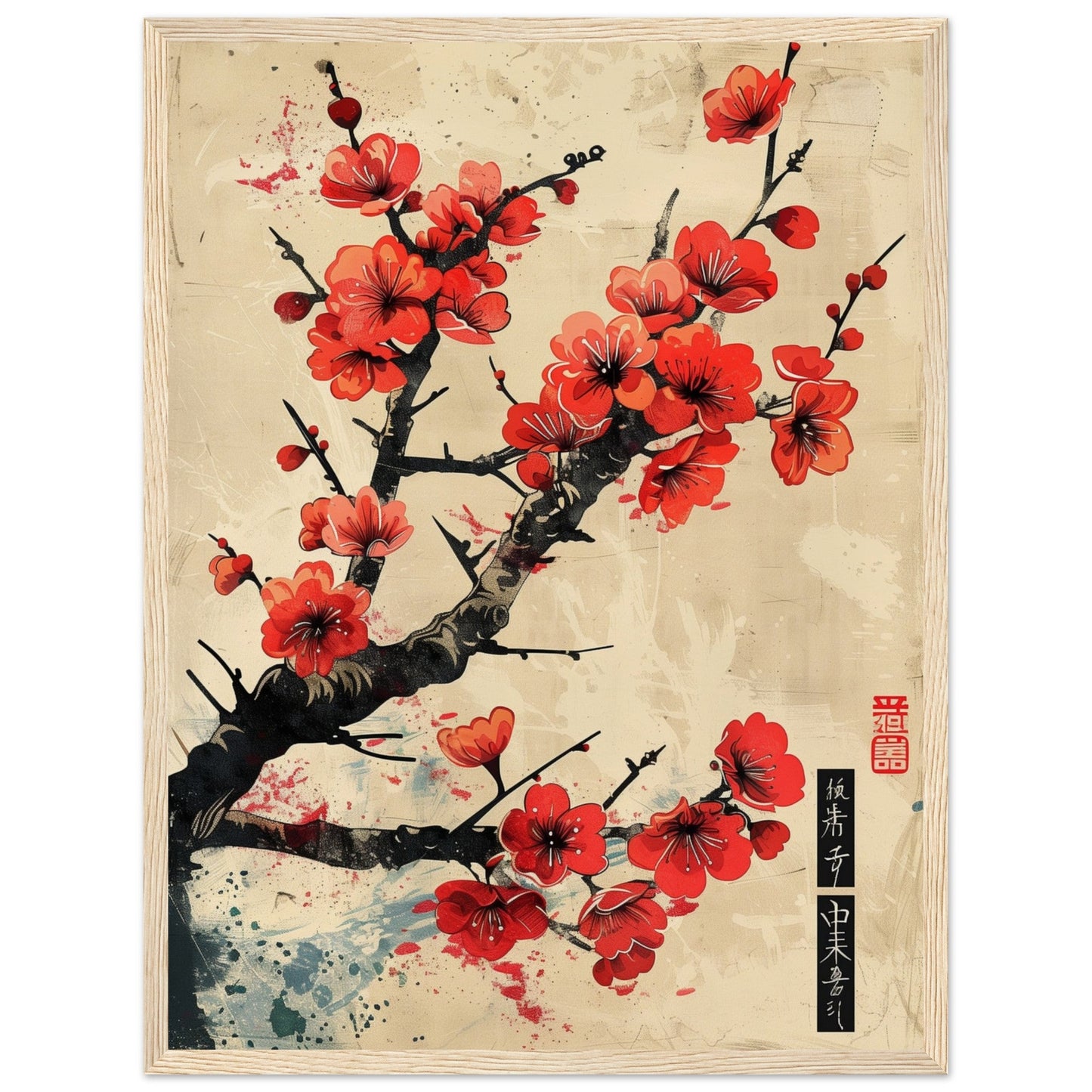 Poster Japonais Cerisier en Fleurs ( 45x60-cm-Bois-clair)