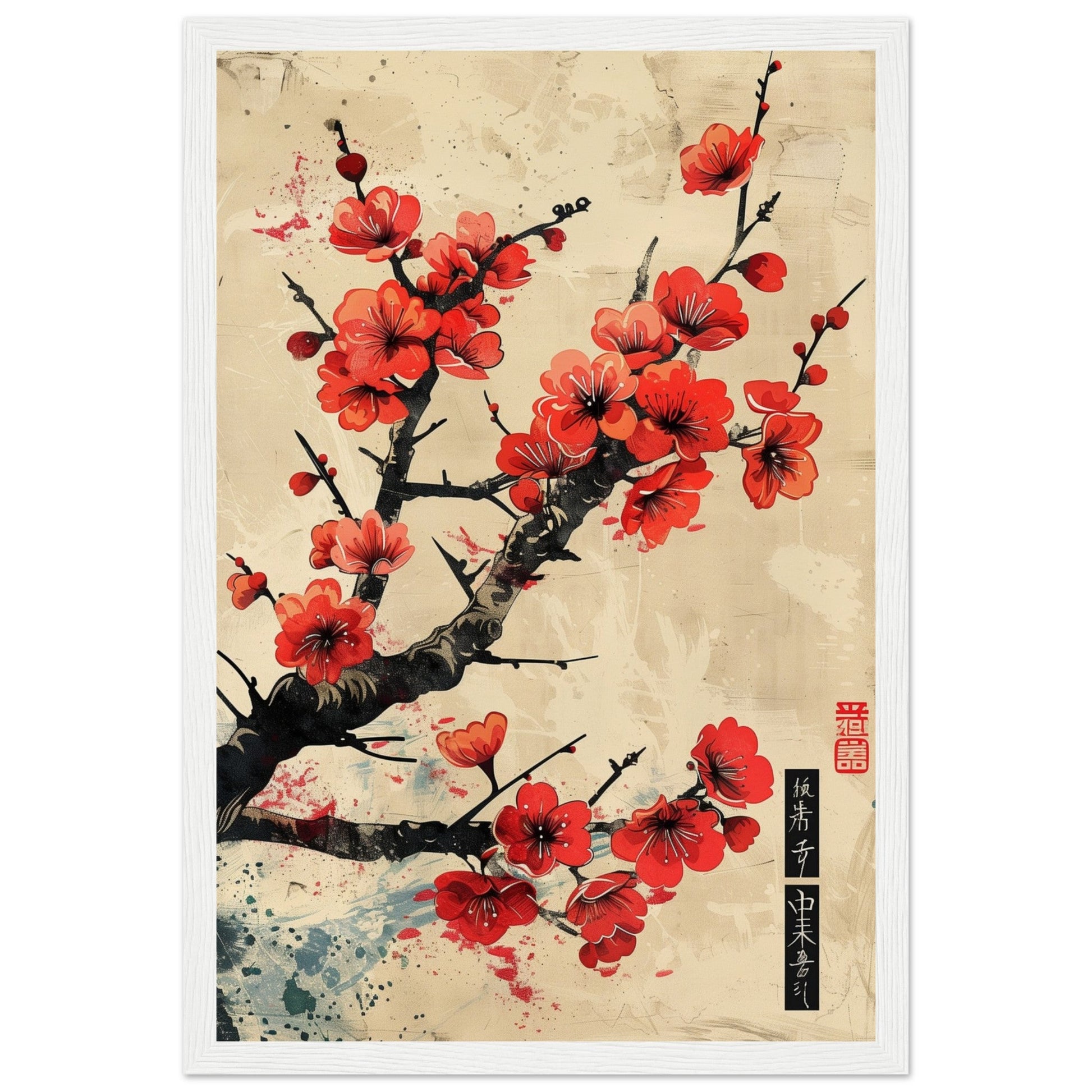 Poster Japonais Cerisier en Fleurs ( 30x45-cm-Bois-blanc)