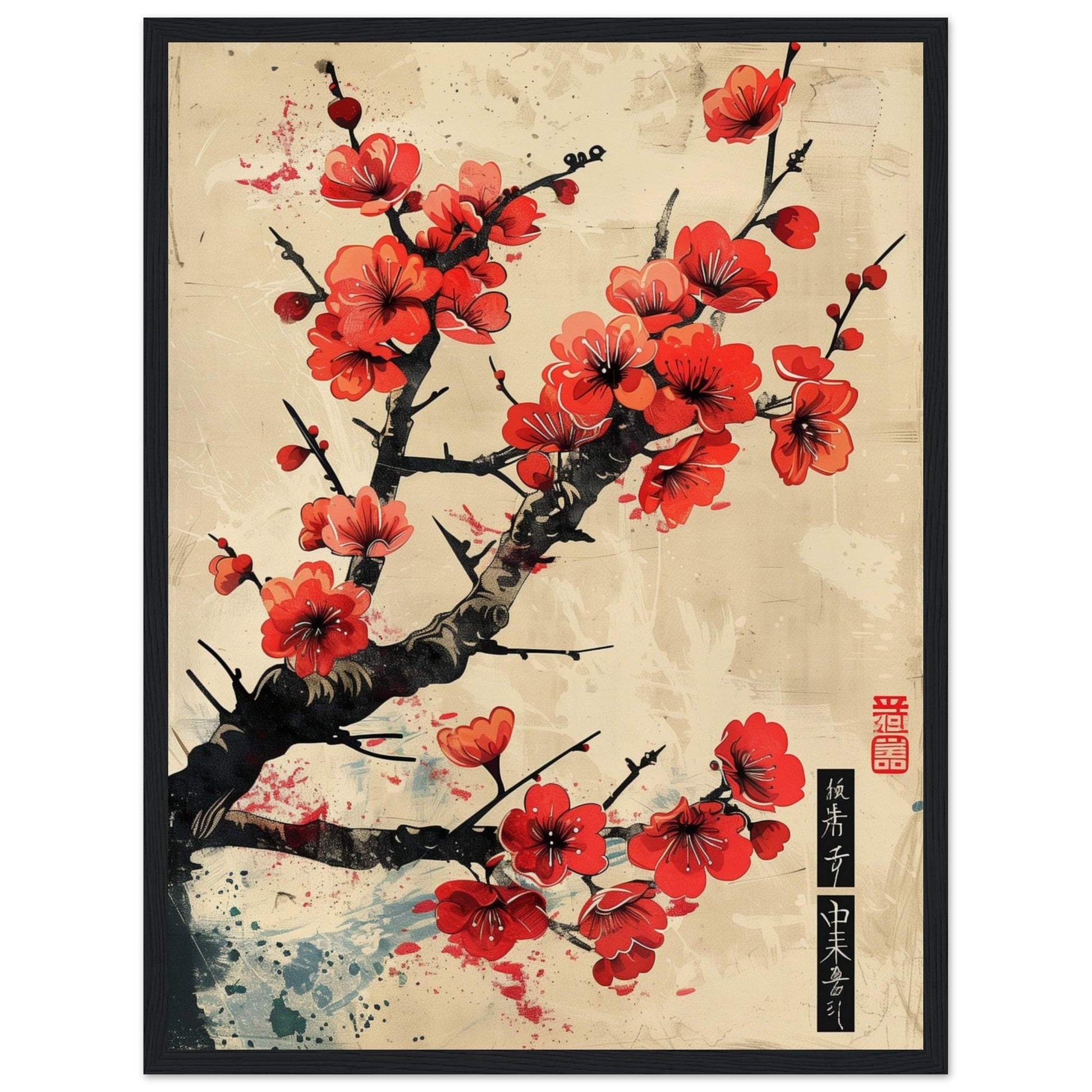 Poster Japonais Cerisier en Fleurs ( 45x60-cm-Bois-noir)