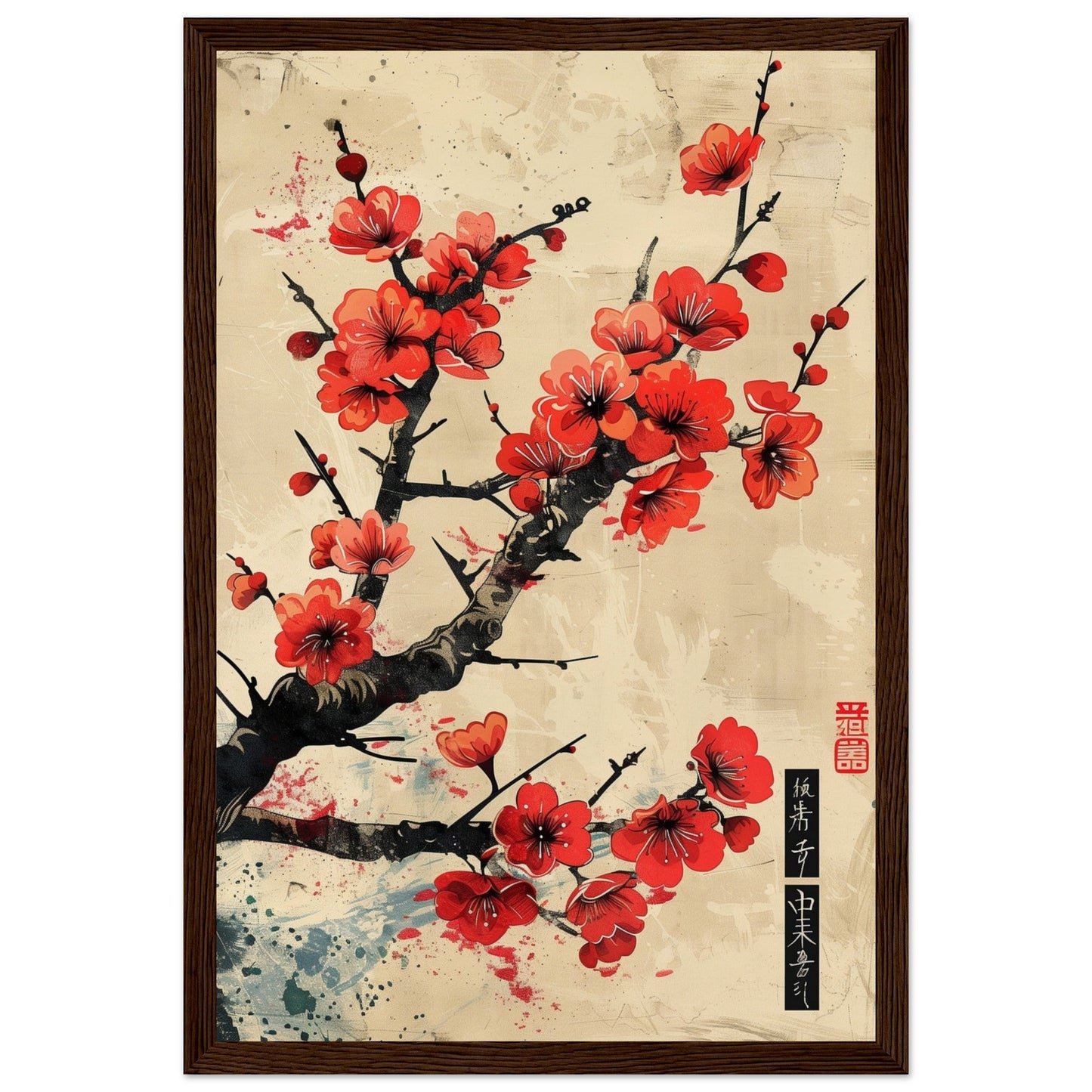 Poster Japonais Cerisier en Fleurs ( 30x45-cm-Bois-foncé)