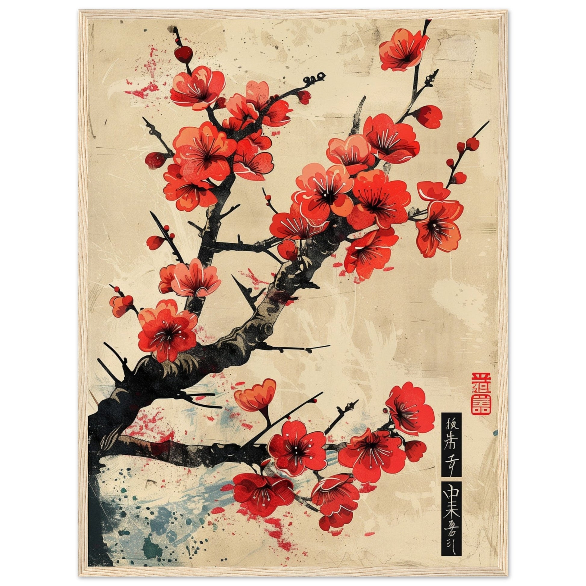 Poster Japonais Cerisier en Fleurs ( 60x80-cm-Bois-clair)