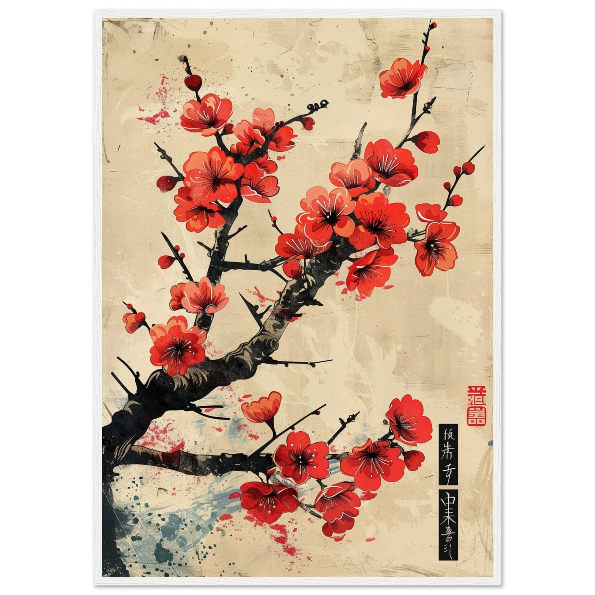 Poster Japonais Cerisier en Fleurs ( 70x100-cm-Bois-blanc)