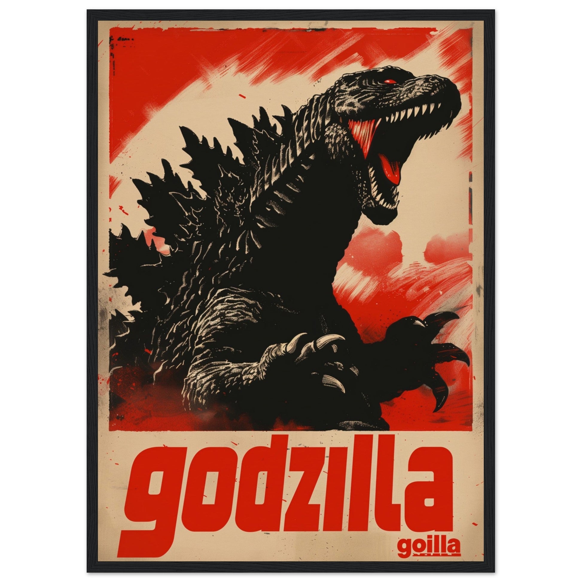 Poster Japonais Godzilla ( 50x70-cm-Bois-noir)