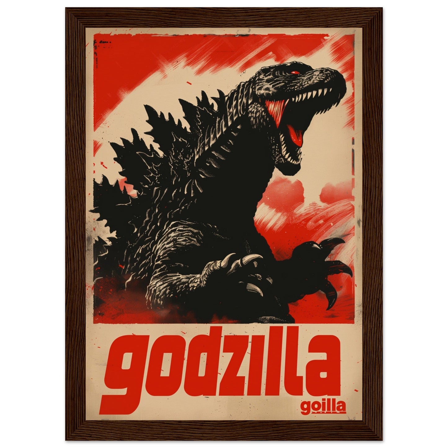 Poster Japonais Godzilla ( 21x29.7-cm-Bois-foncé)