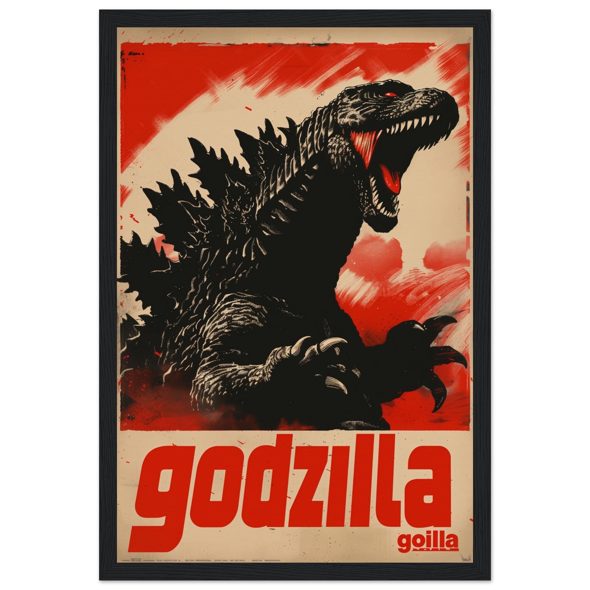 Poster Japonais Godzilla ( 30x45-cm-Bois-noir)