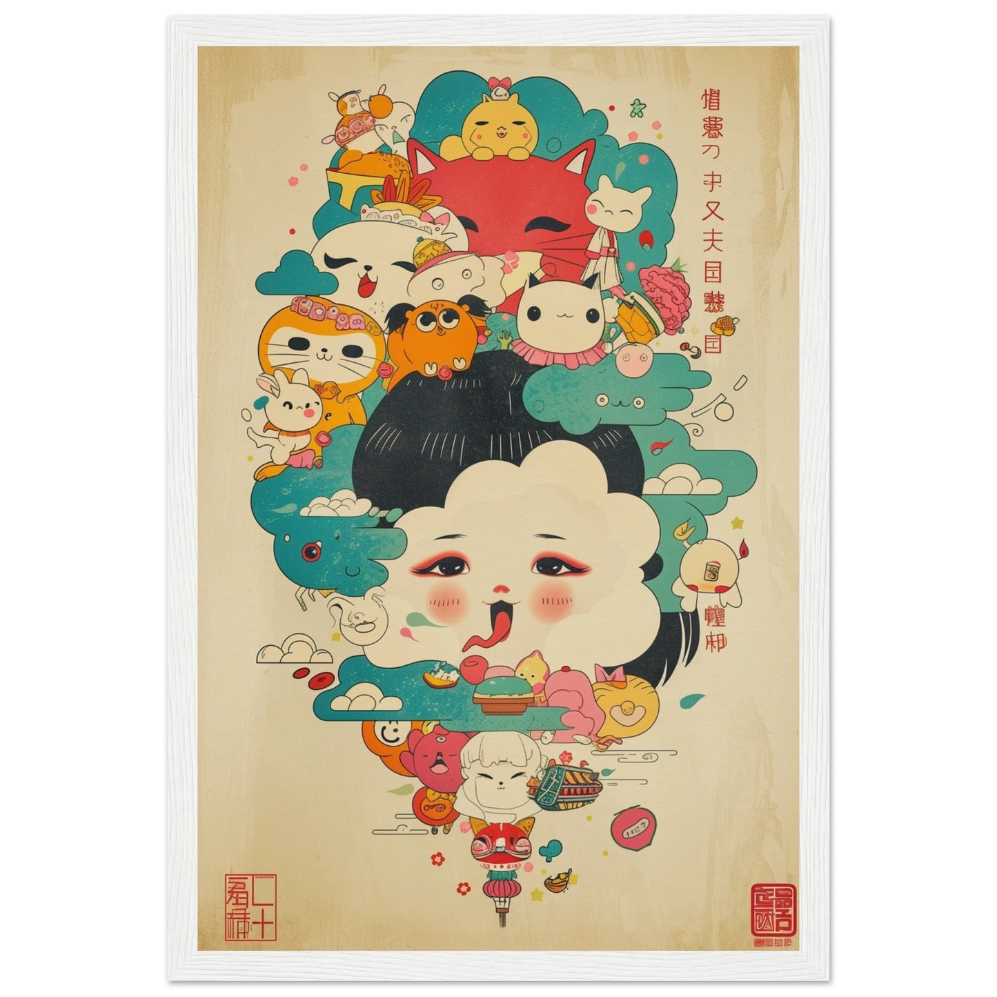 Poster Japonais Kawaii ( 30x45-cm-Bois-blanc)