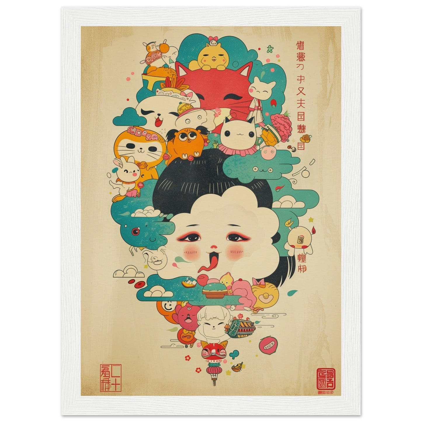 Poster Japonais Kawaii ( 21x29.7-cm-Bois-blanc)