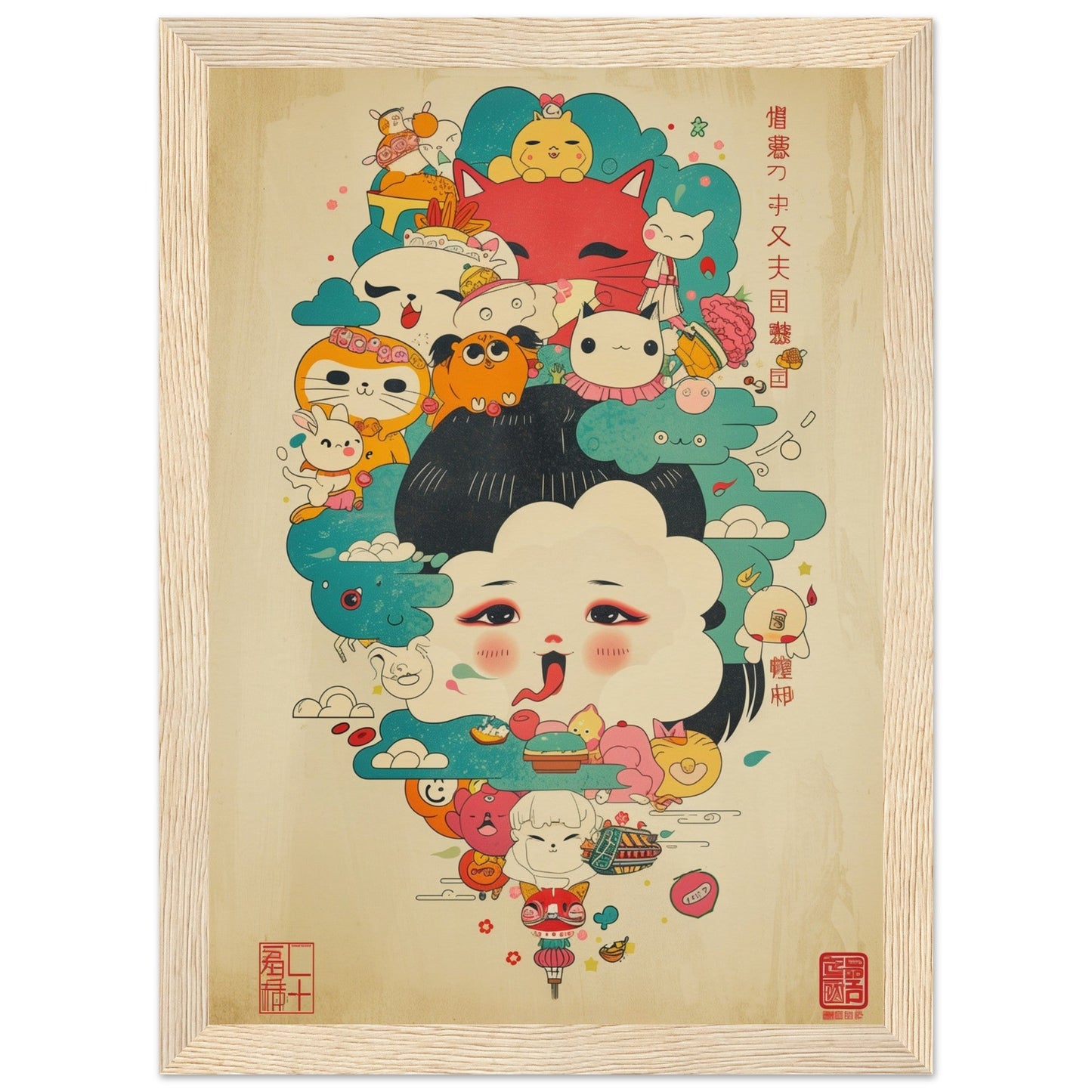 Poster Japonais Kawaii ( 21x29.7-cm-Bois-clair)