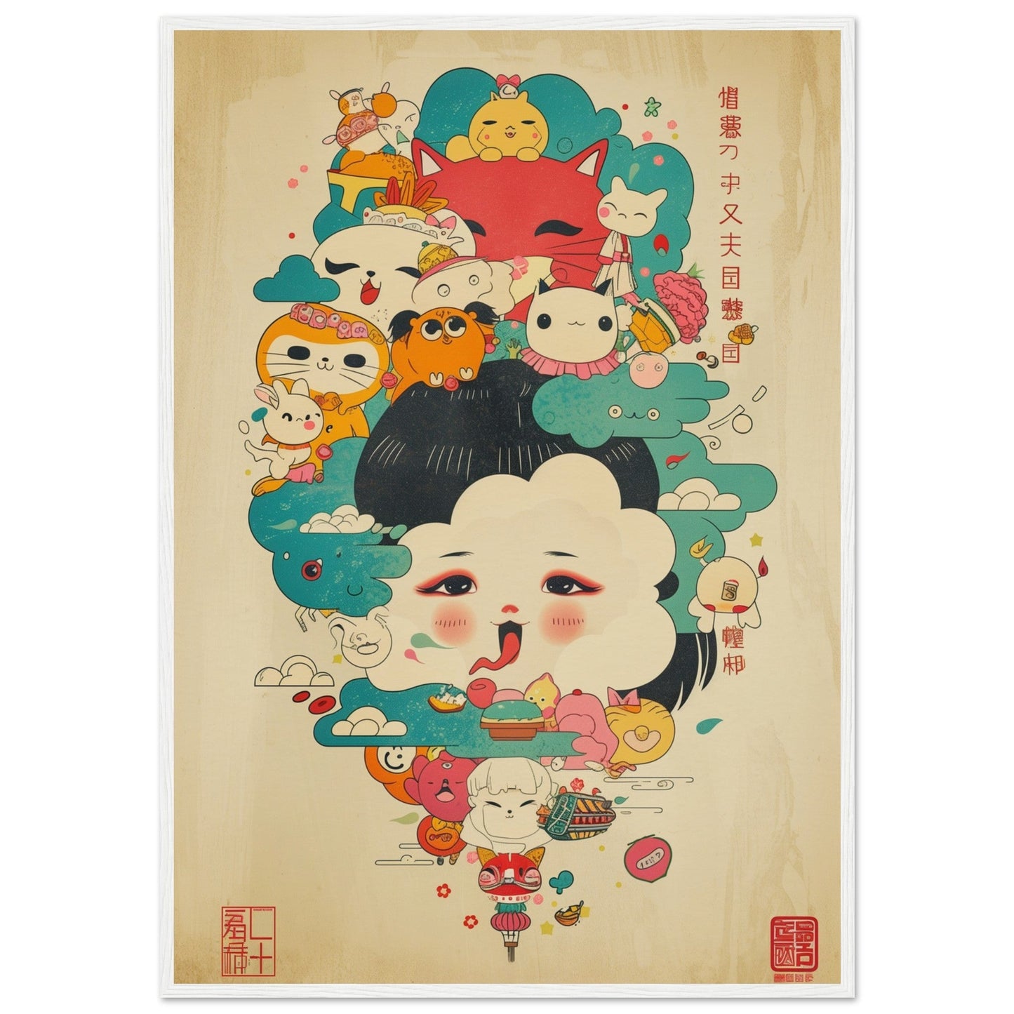 Poster Japonais Kawaii ( 70x100-cm-Bois-blanc)