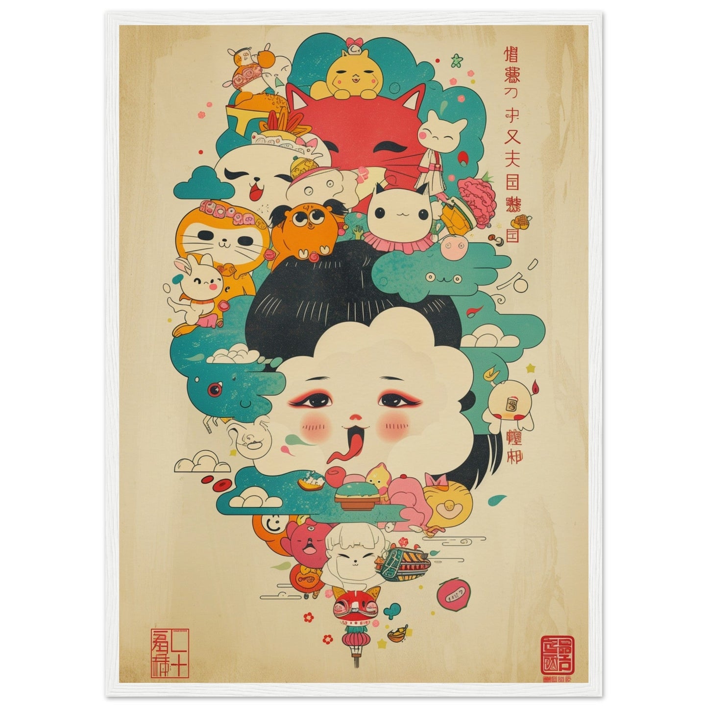 Poster Japonais Kawaii ( 50x70-cm-Bois-blanc)