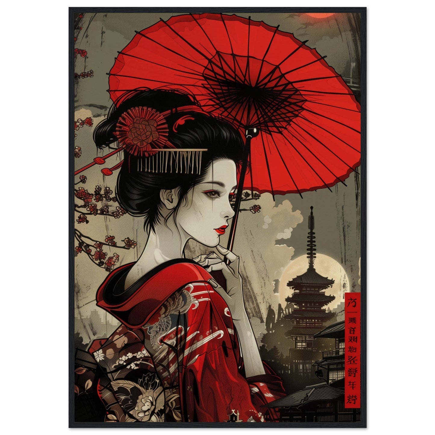 Poster Japonais Rouge ( 70x100-cm-Bois-noir)