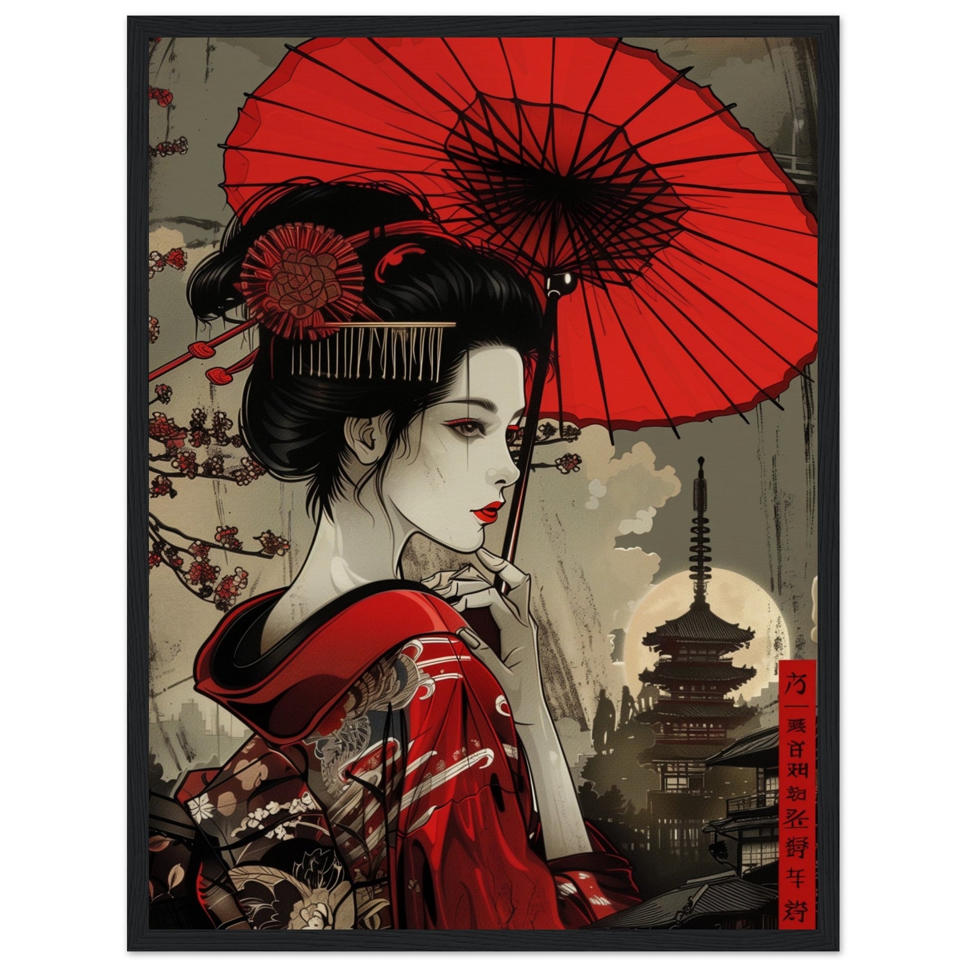 Poster Japonais Rouge ( 45x60-cm-Bois-noir)