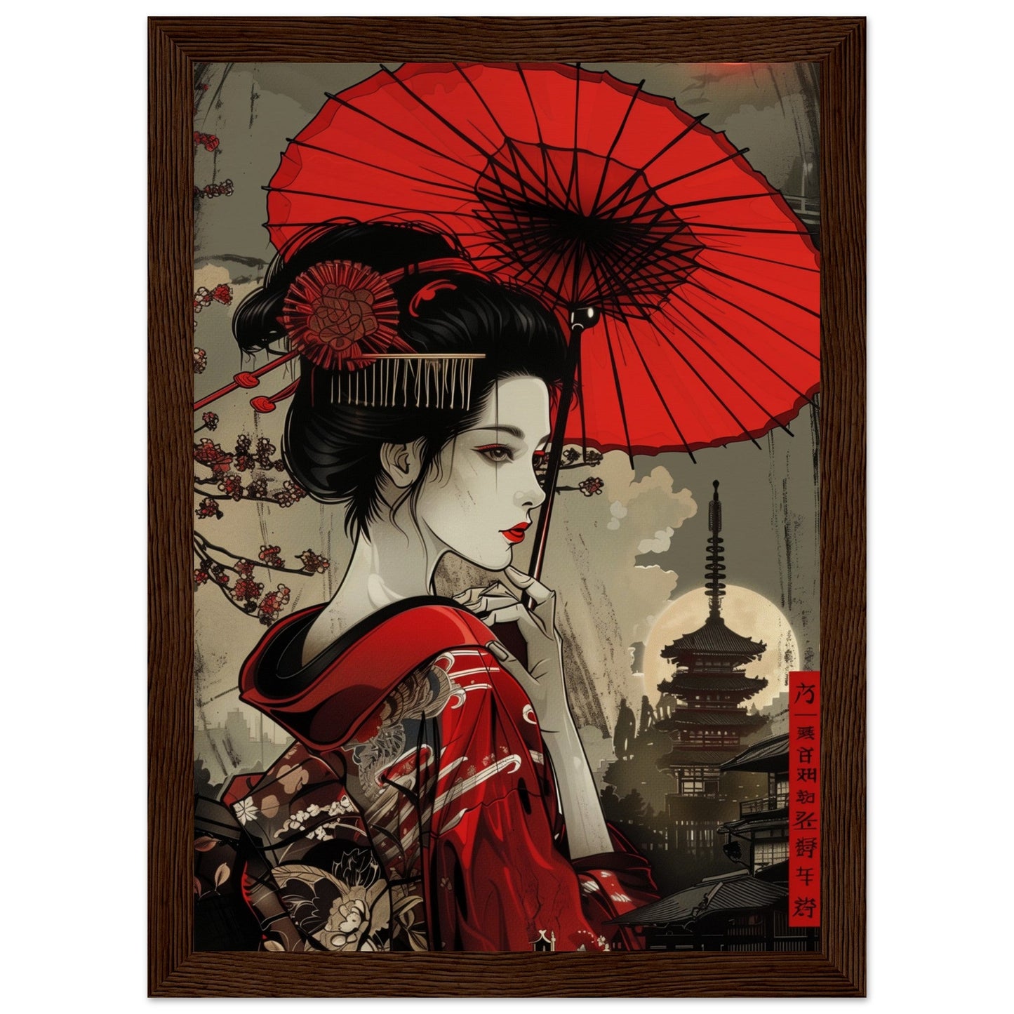 Poster Japonais Rouge ( 21x29.7-cm-Bois-foncé)