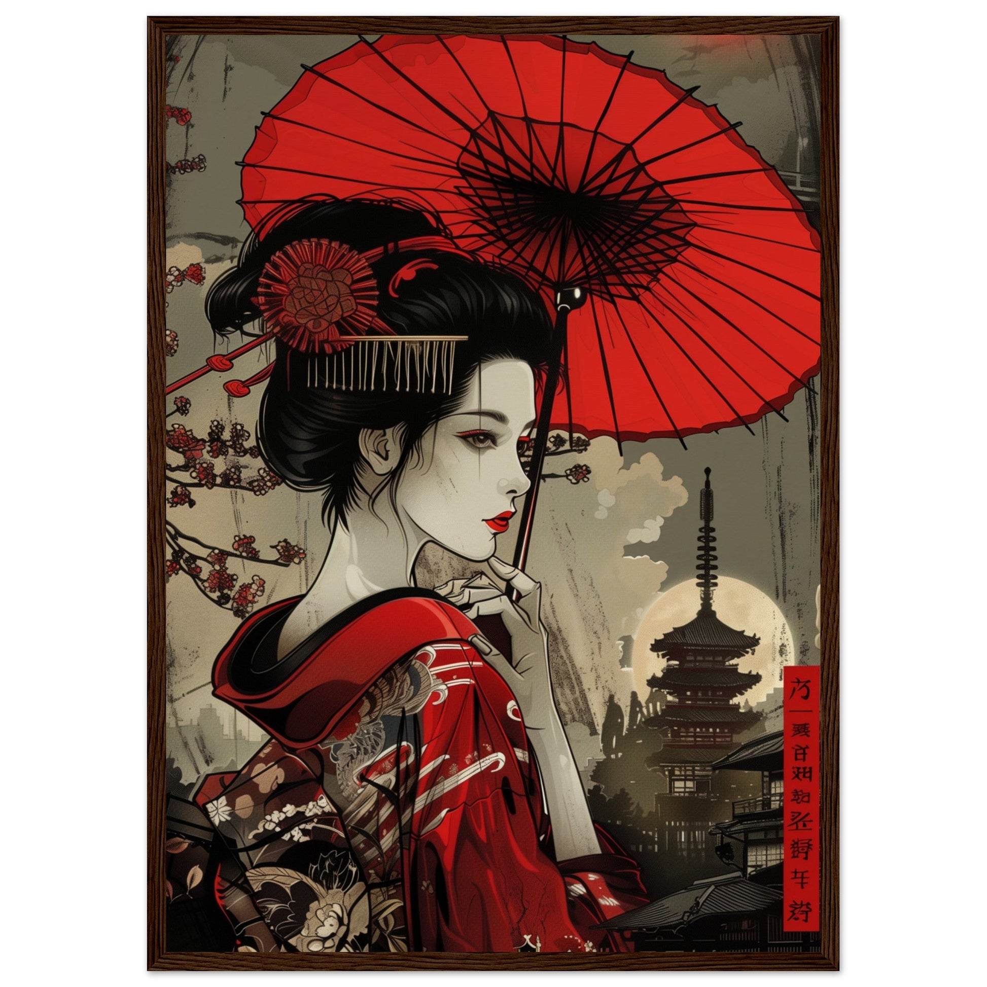 Poster Japonais Rouge ( 50x70-cm-Bois-foncé)