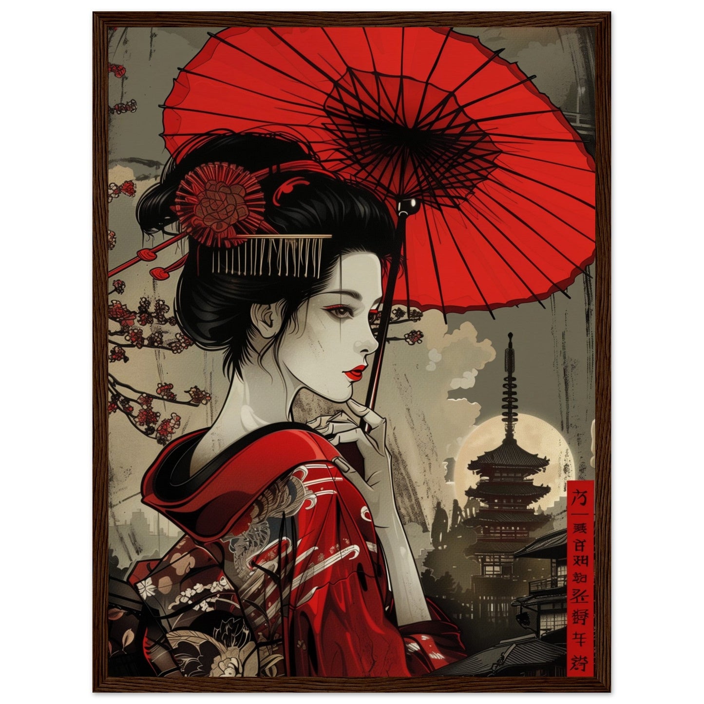 Poster Japonais Rouge ( 45x60-cm-Bois-foncé)