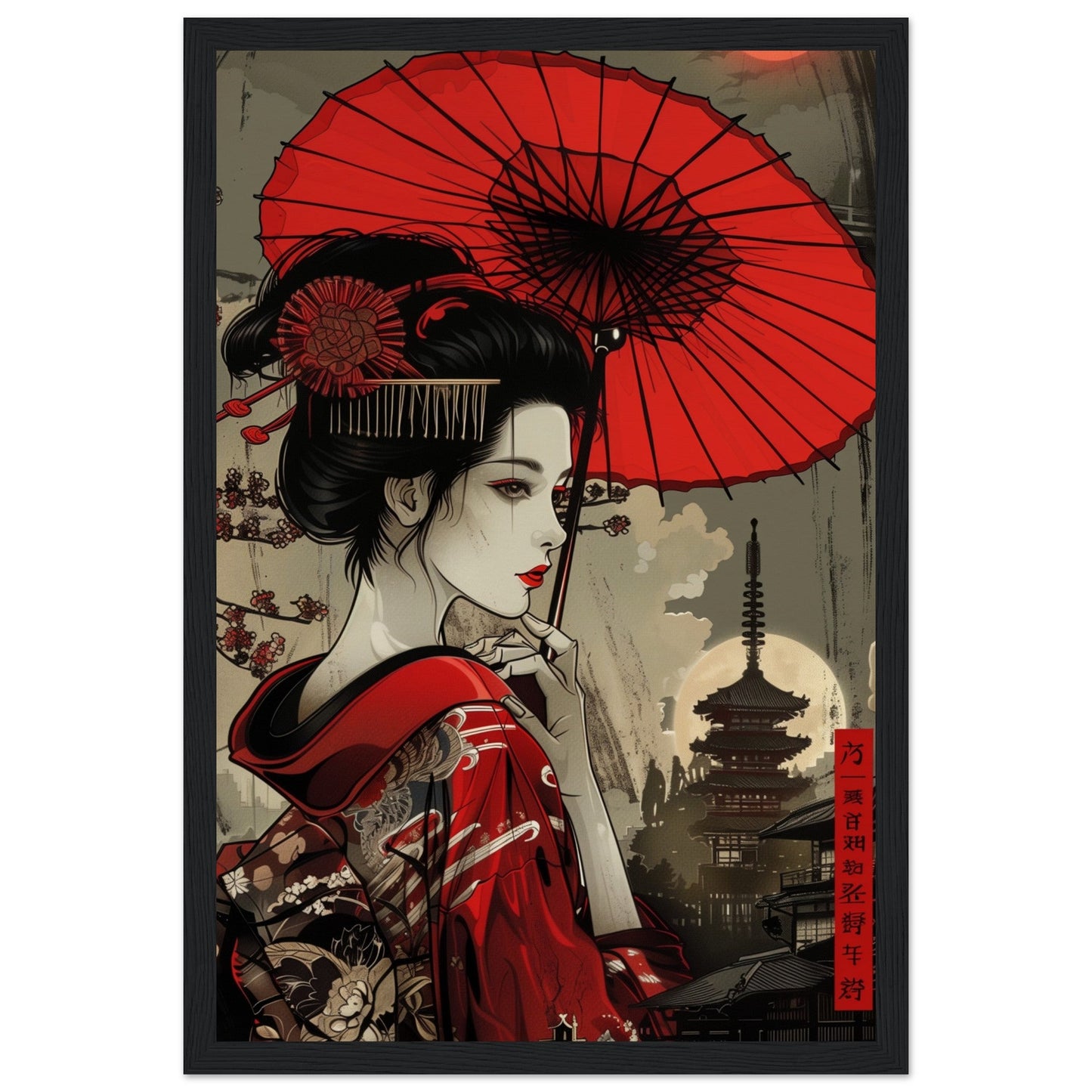 Poster Japonais Rouge ( 30x45-cm-Bois-noir)