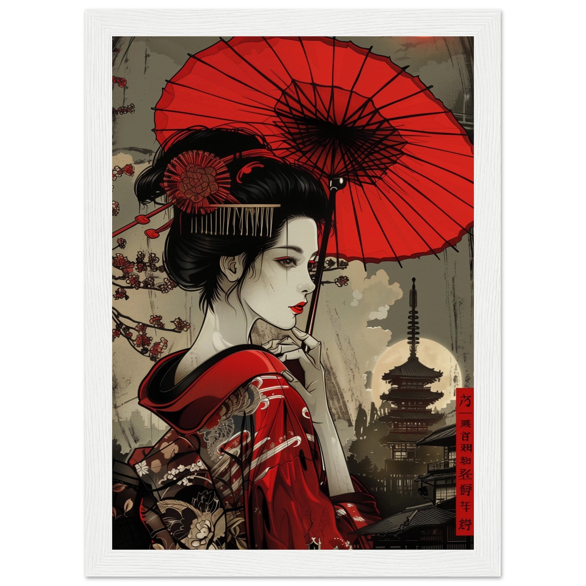 Poster Japonais Rouge ( 21x29.7-cm-Bois-blanc)