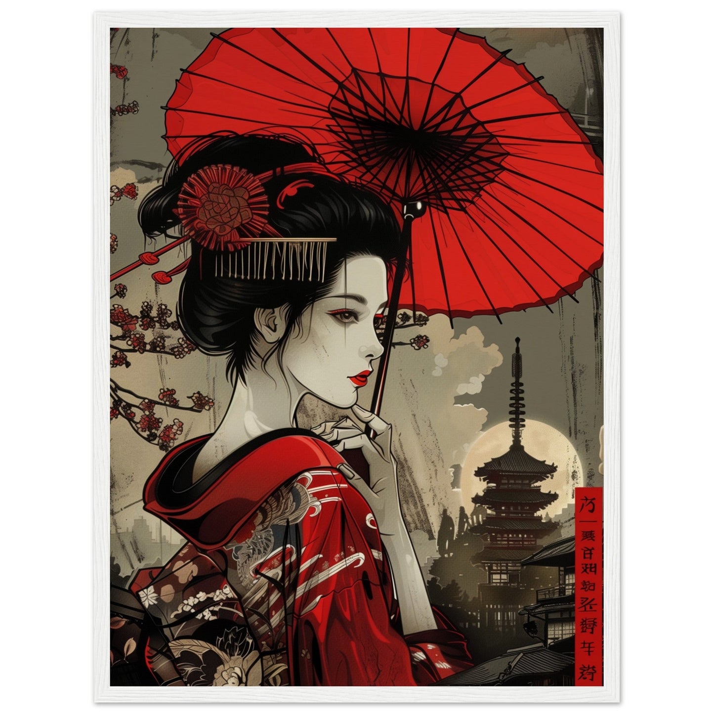 Poster Japonais Rouge ( 45x60-cm-Bois-blanc)