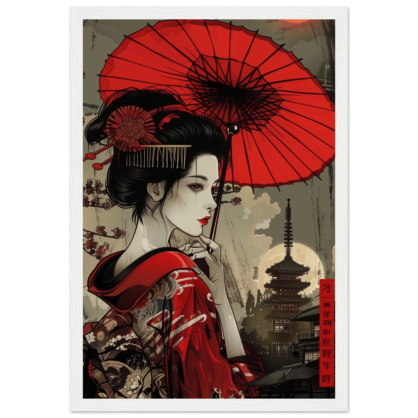 Poster Japonais Rouge ( 30x45-cm-Bois-blanc)