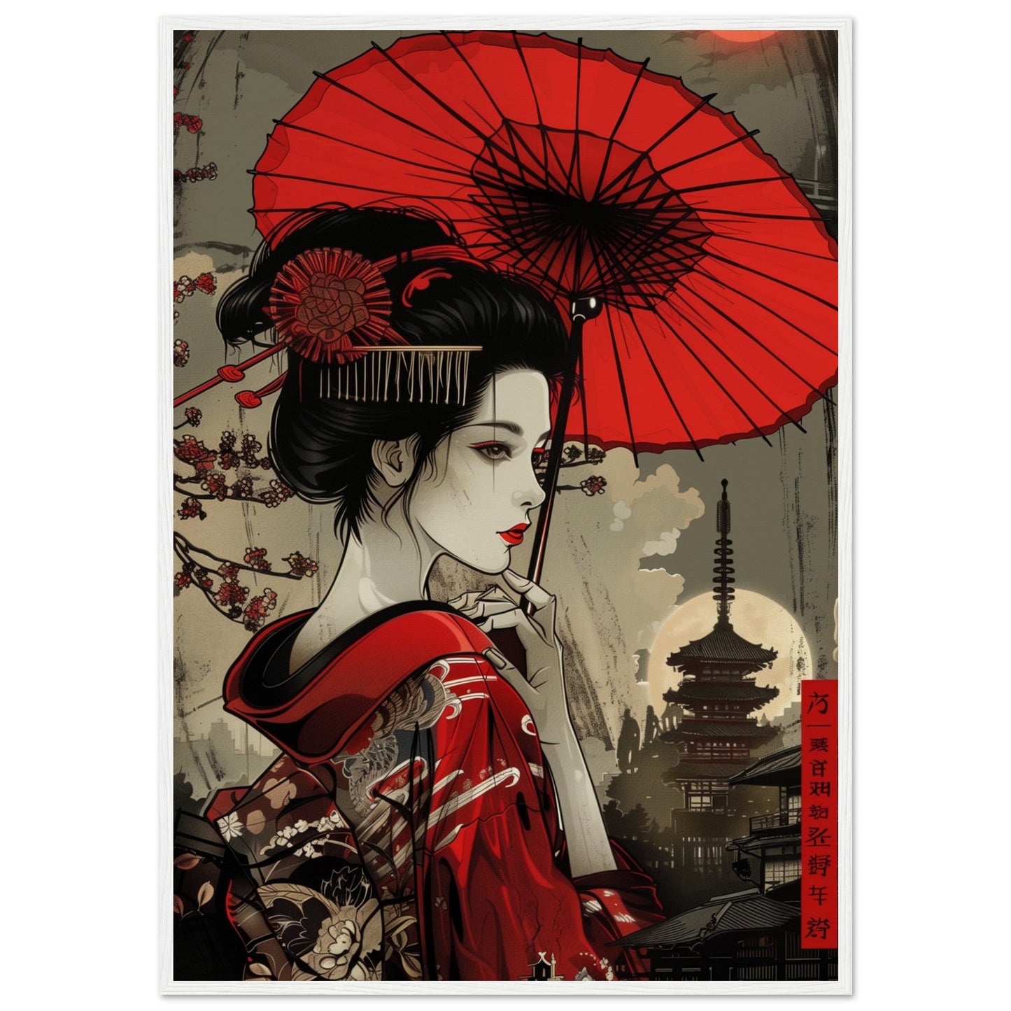 Poster Japonais Rouge ( 70x100-cm-Bois-blanc)