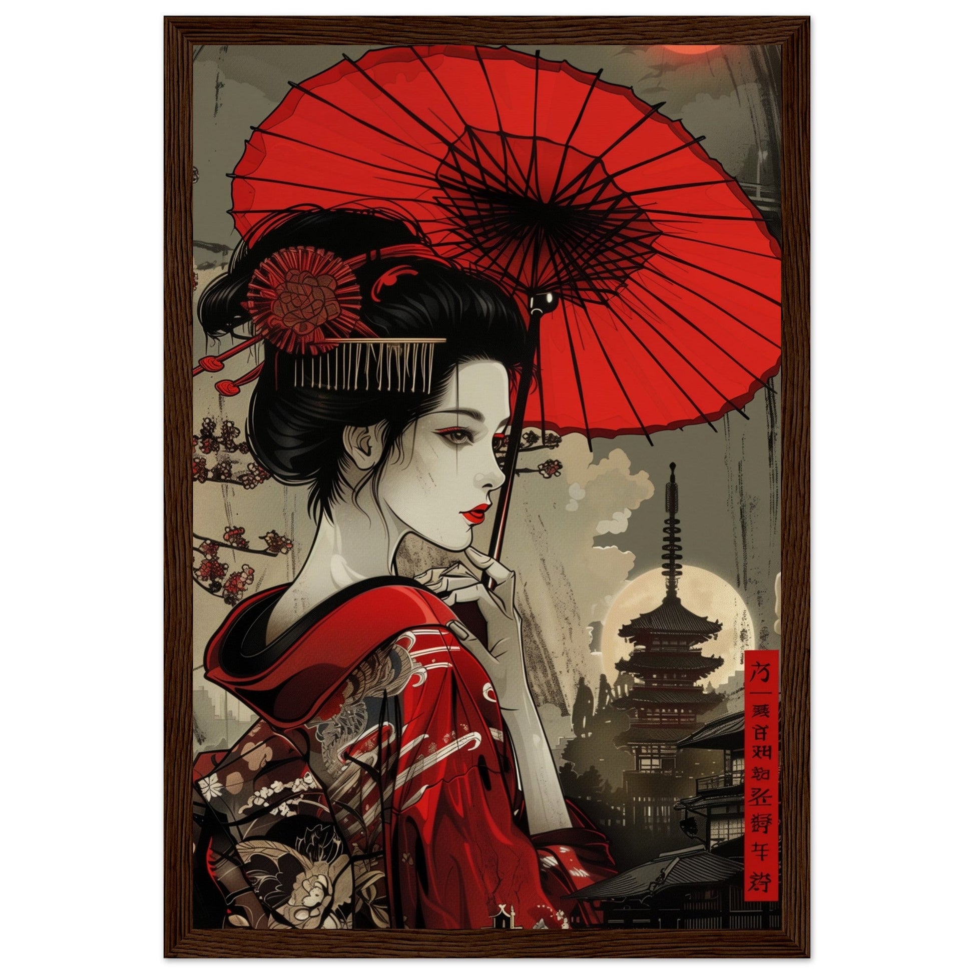 Poster Japonais Rouge ( 30x45-cm-Bois-foncé)