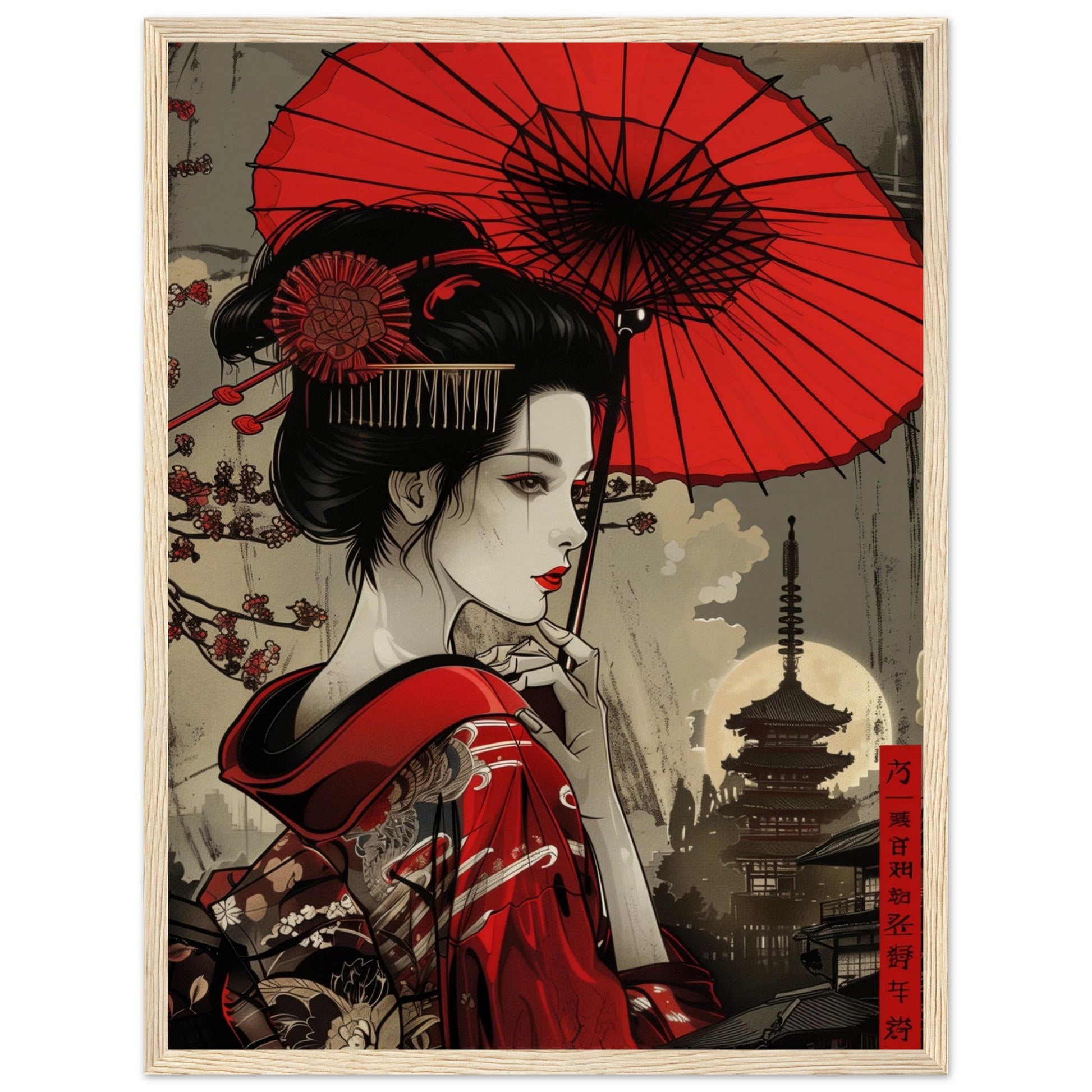 Poster Japonais Rouge ( 45x60-cm-Bois-clair)