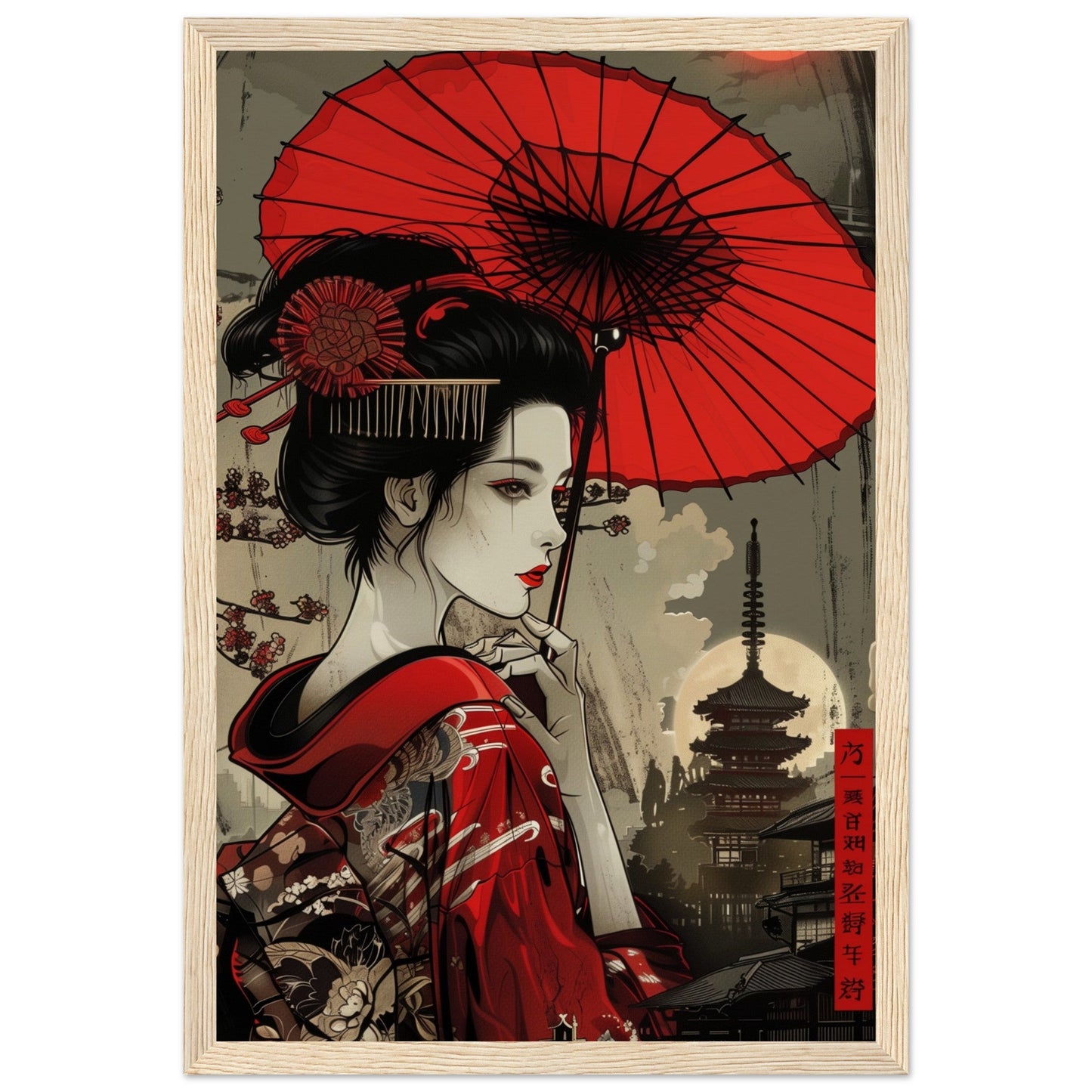 Poster Japonais Rouge ( 30x45-cm-Bois-clair)