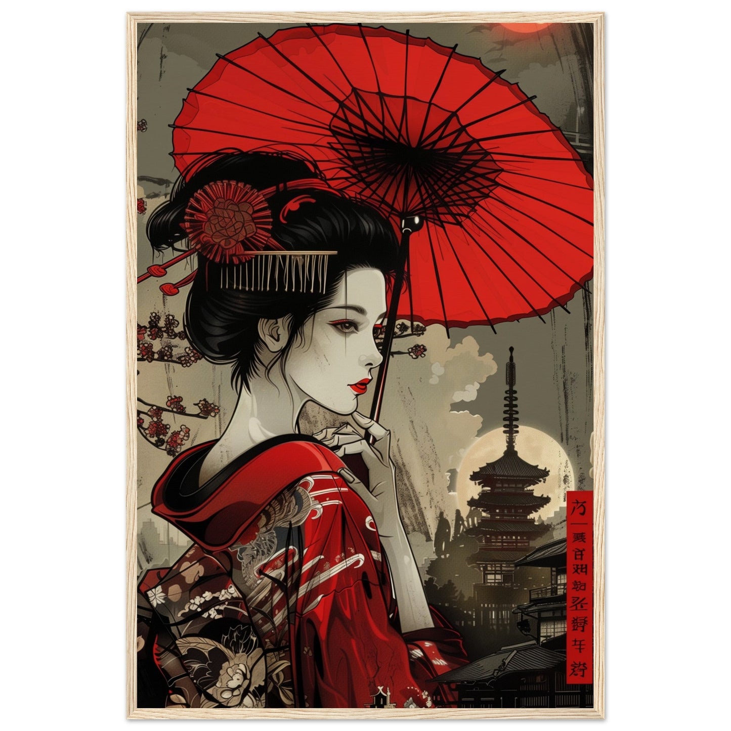 Poster Japonais Rouge ( 60x90-cm-Bois-clair)