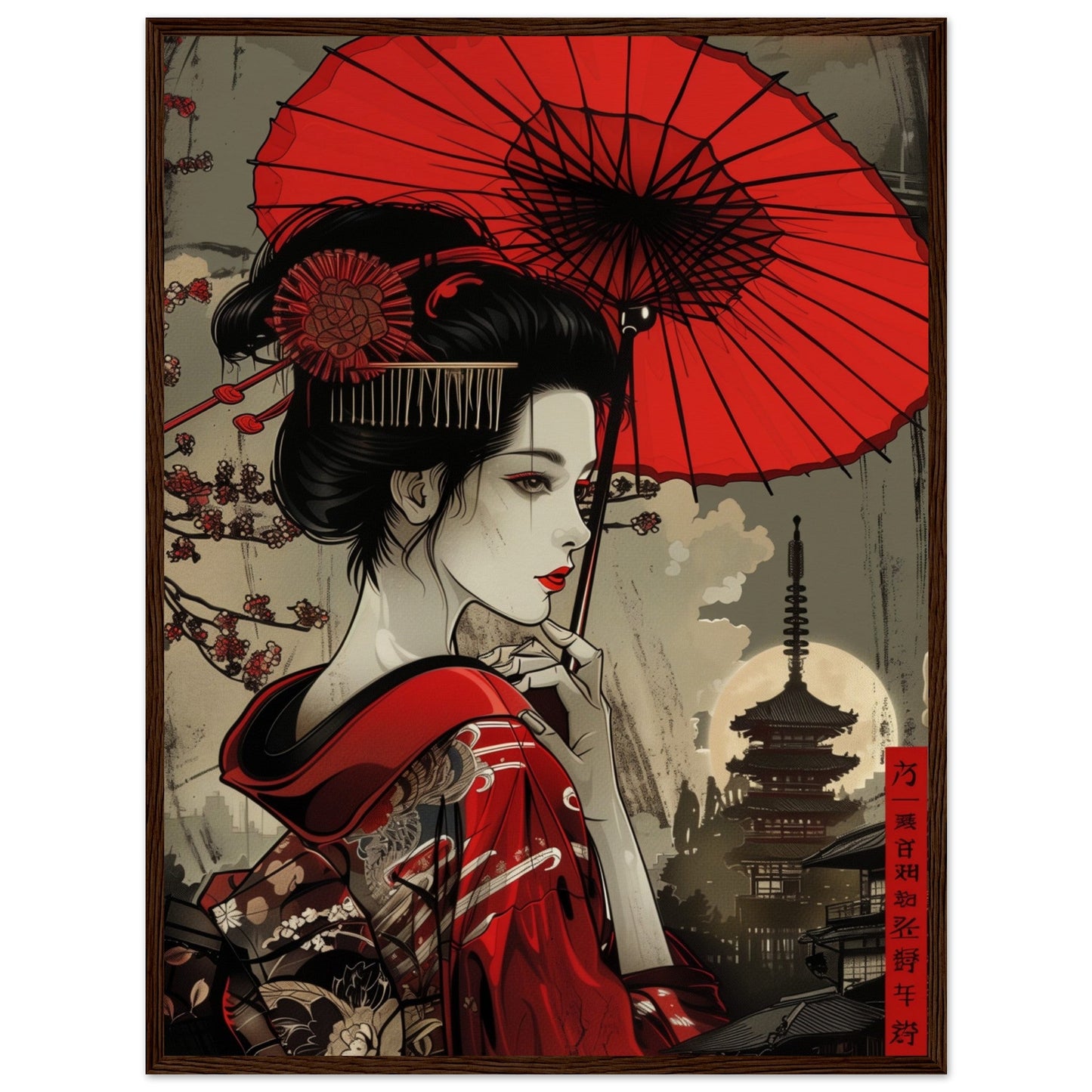 Poster Japonais Rouge ( 60x80-cm-Bois-foncé)