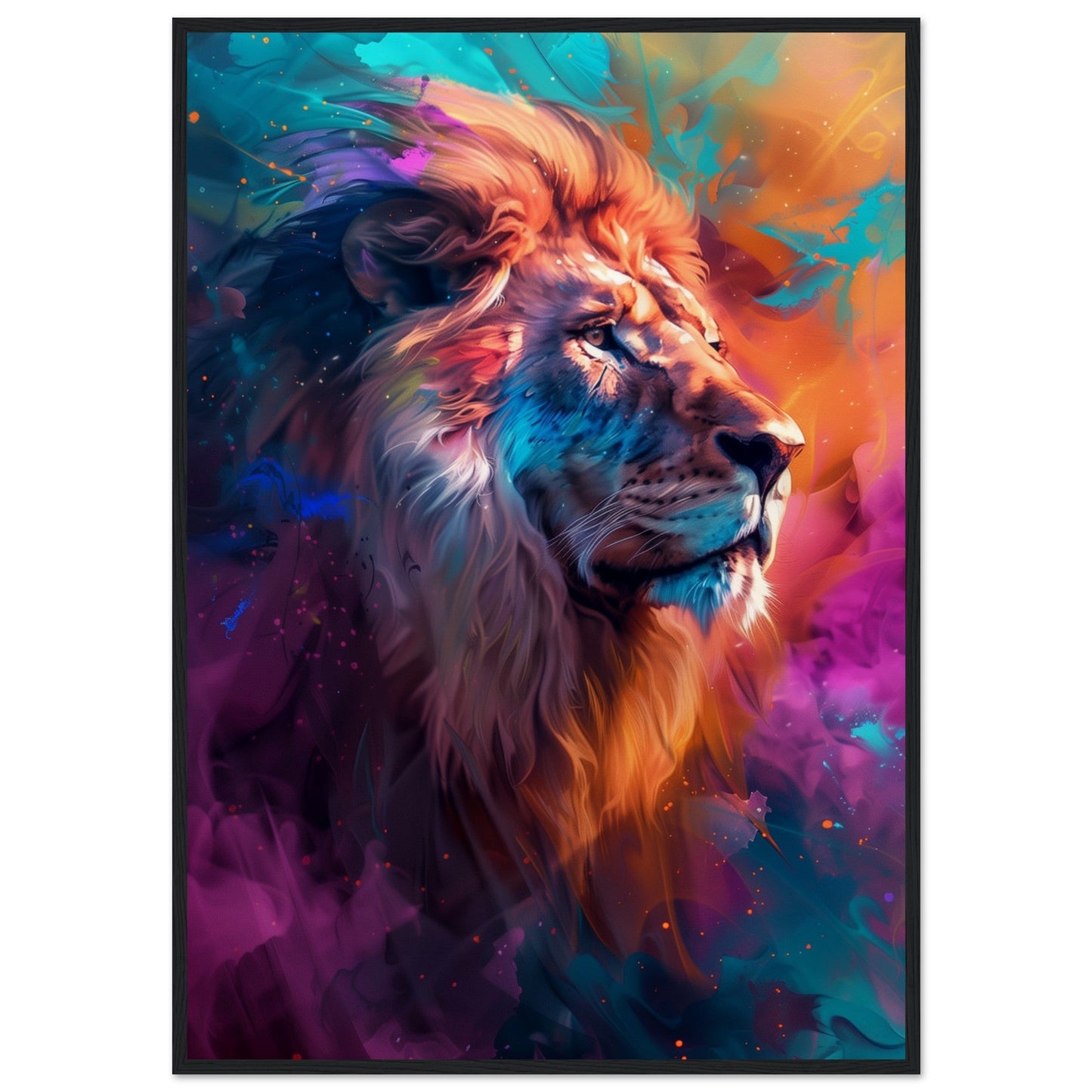 Poster Lion Couleur ( 70x100-cm-Bois-noir)