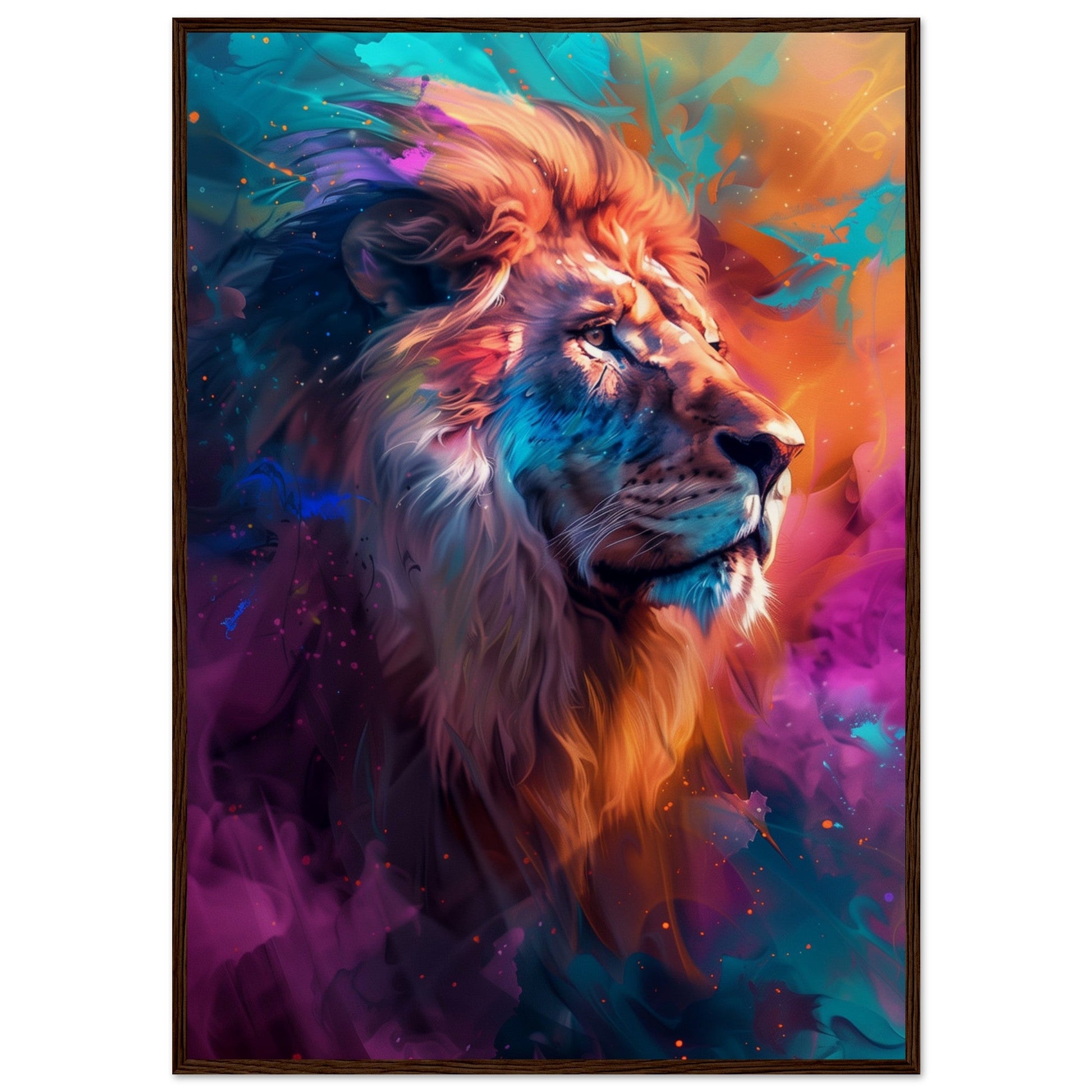 Poster Lion Couleur ( 70x100-cm-Bois-foncé)