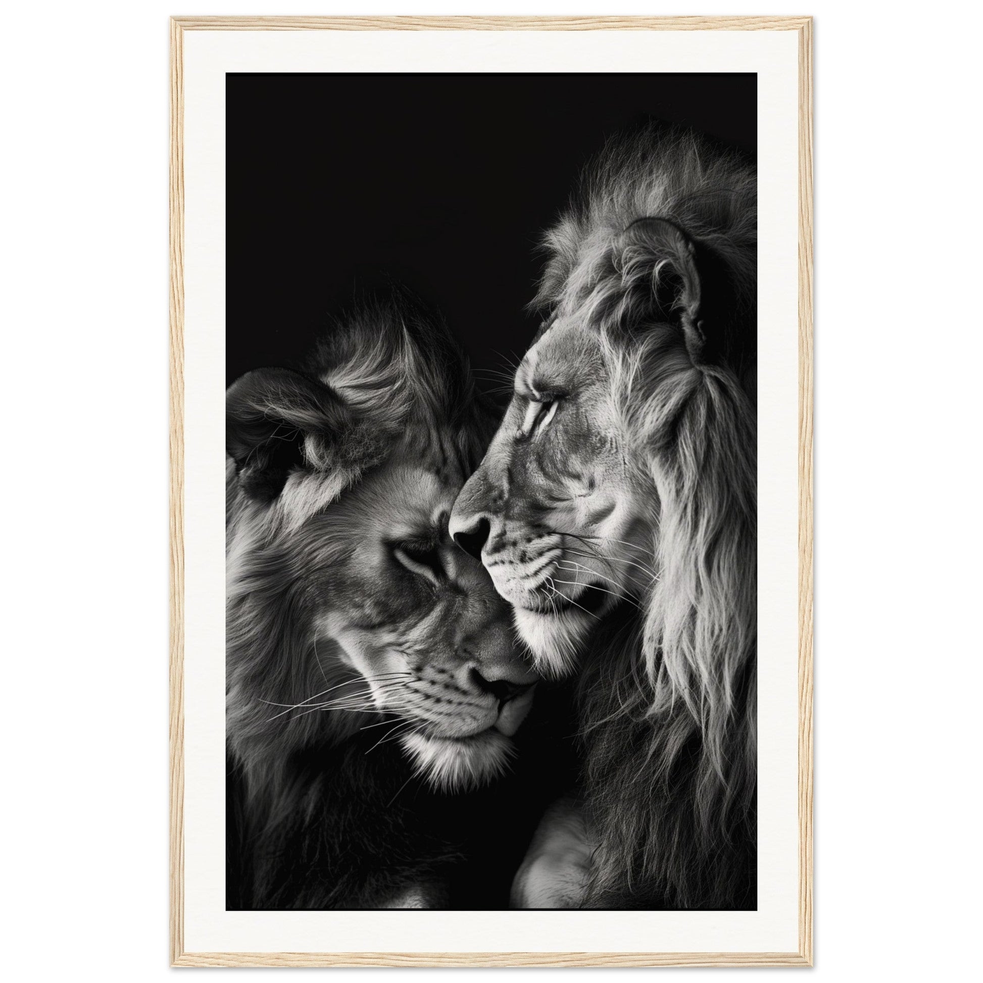 Poster Lion et Lionne Noir et Blanc ( 60x90-cm-Bois-clair)