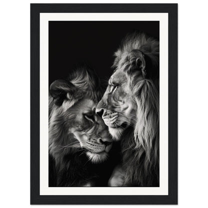 Poster Lion et Lionne Noir et Blanc ( 21x29.7-cm-Bois-noir)