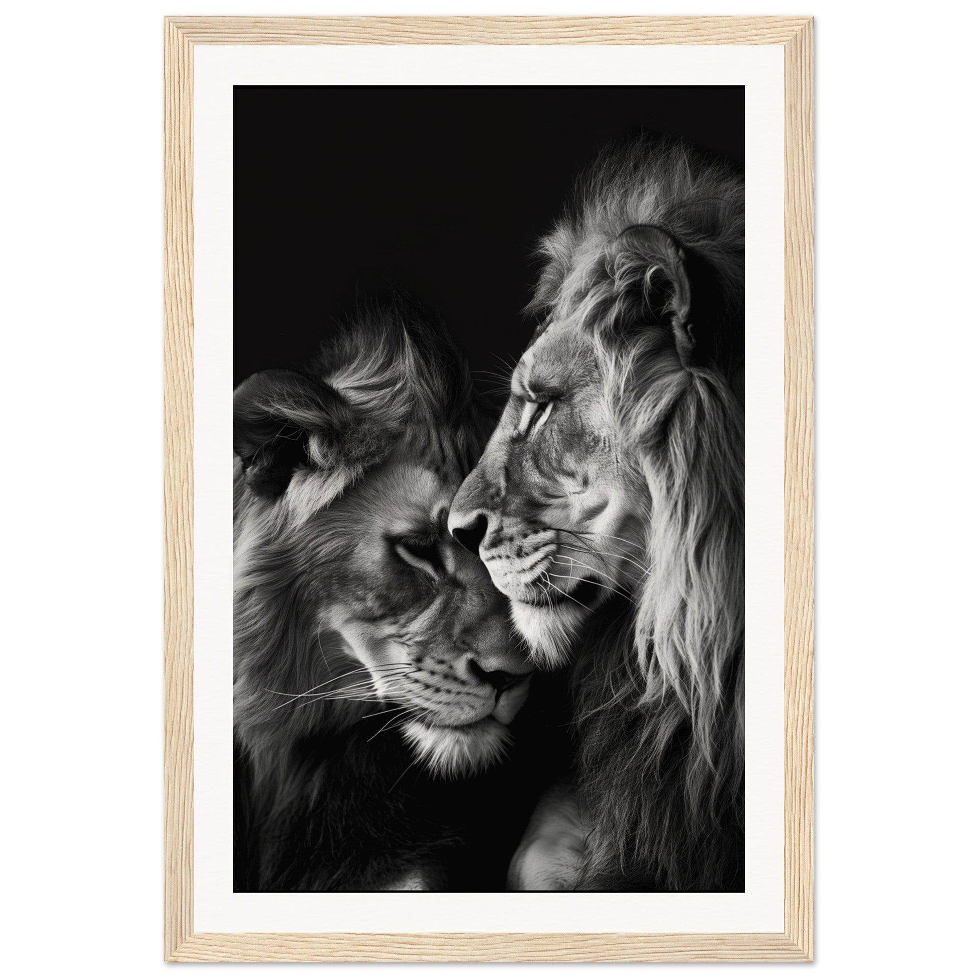 Poster Lion et Lionne Noir et Blanc ( 30x45-cm-Bois-clair)