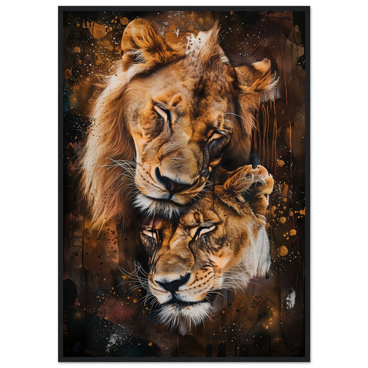 Poster Lion et Lionne ( 70x100-cm-Bois-noir)