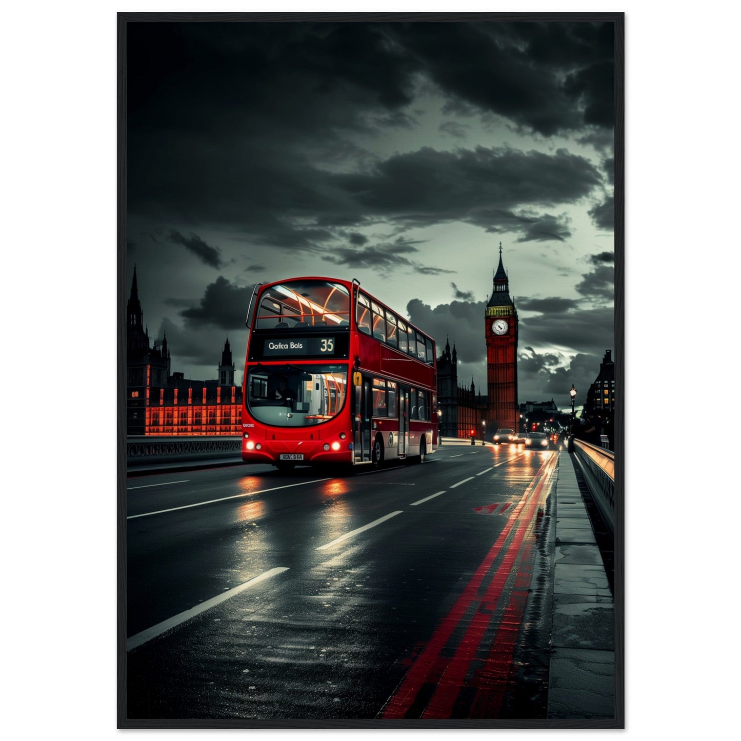 Poster Londres Bus Rouge ( 70x100-cm-Bois-noir)